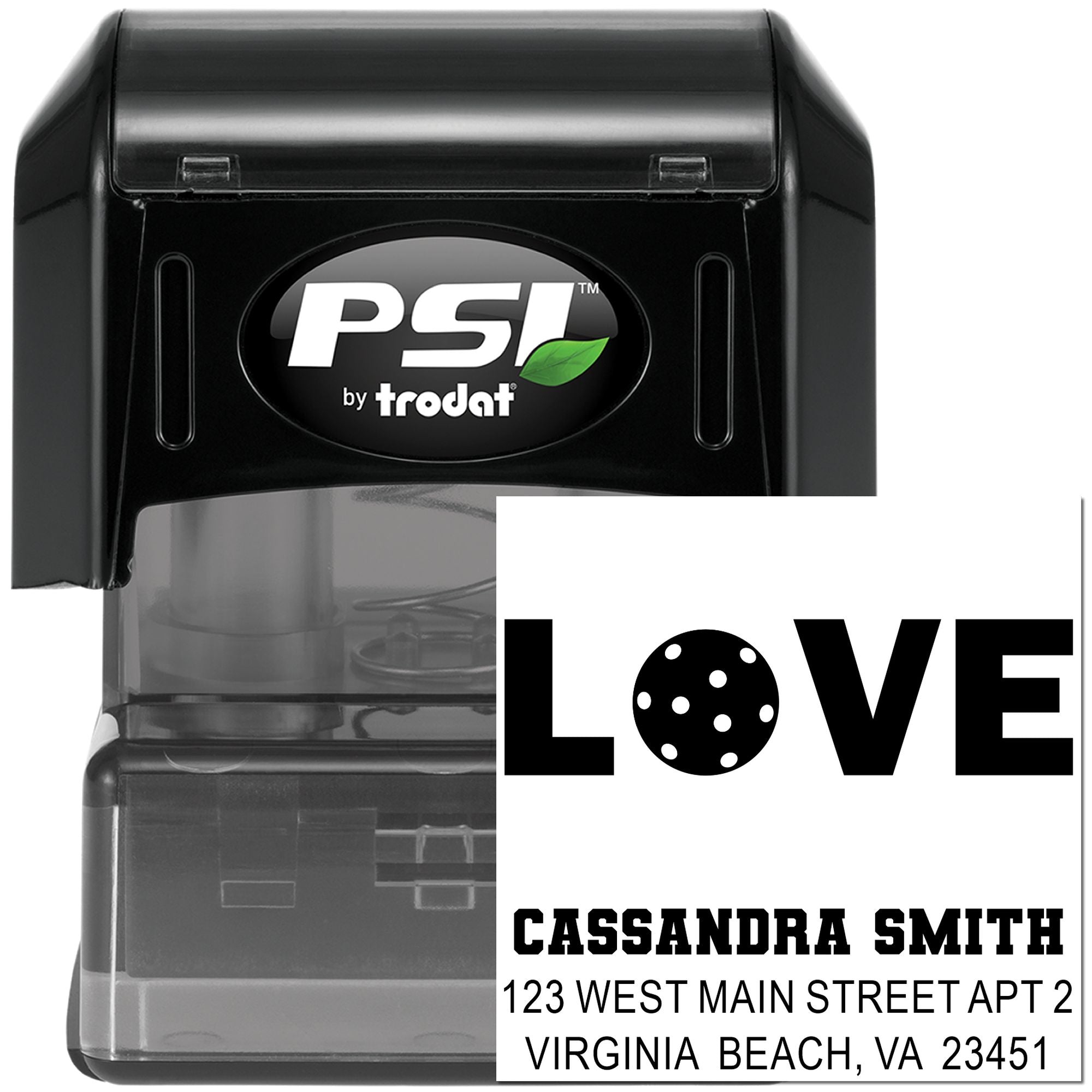Personalized address rubber stamp by PSI Trodat with LOVE design and custom imprint