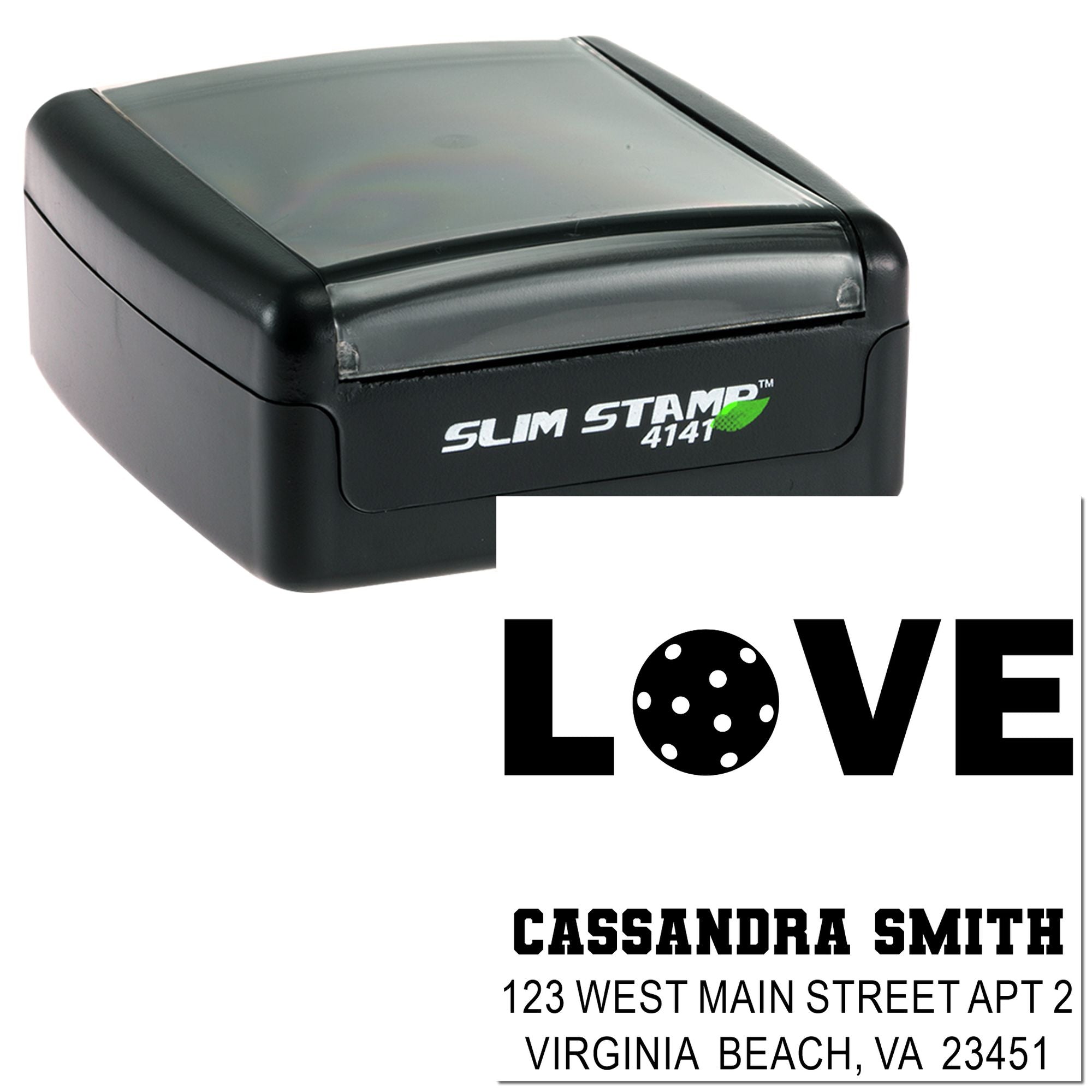 Custom slim rubber stamp with LOVE design and return address imprint for personalized mailing.
