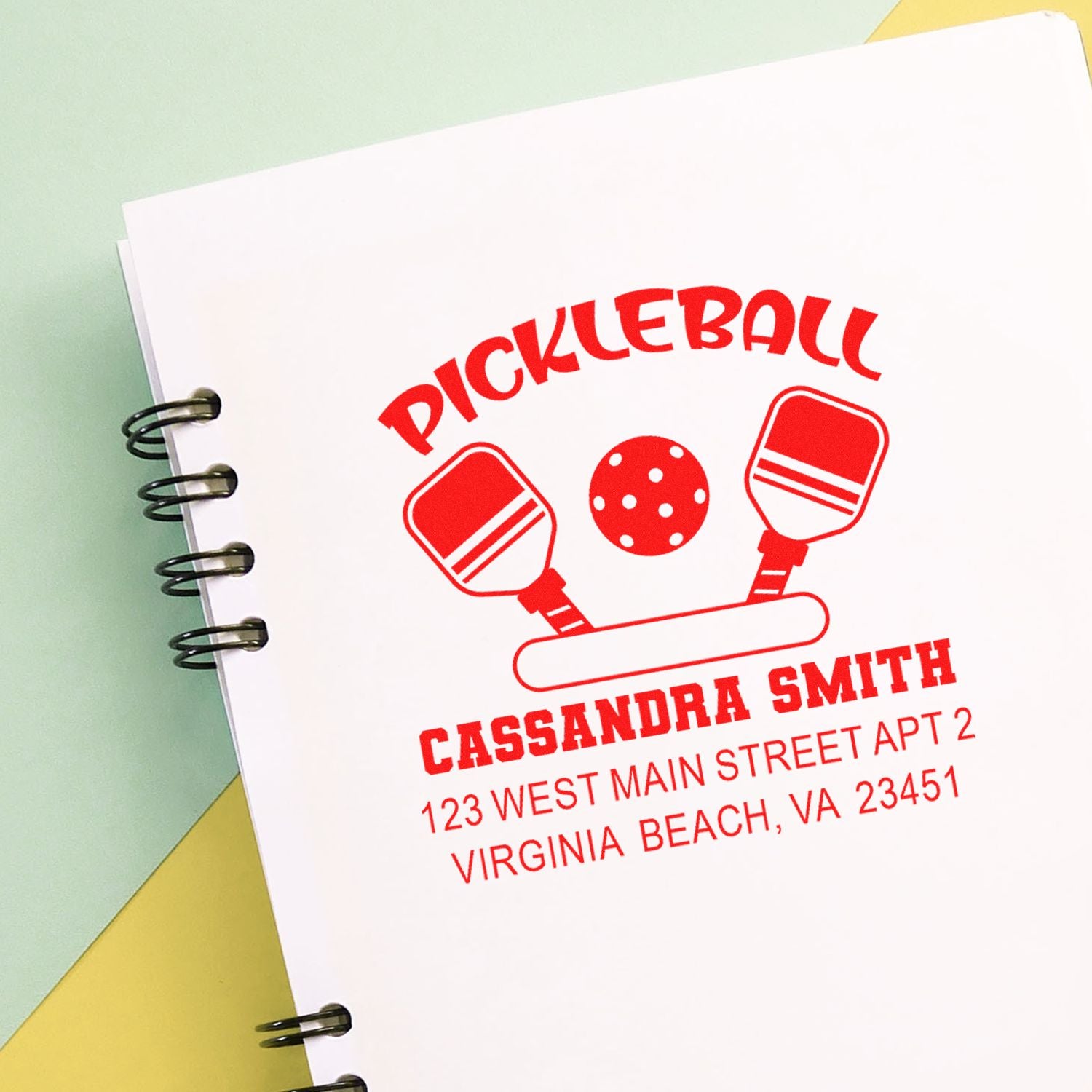Custom pickleball address rubber stamp with name, street address, and Virginia Beach, VA for personalized mail.