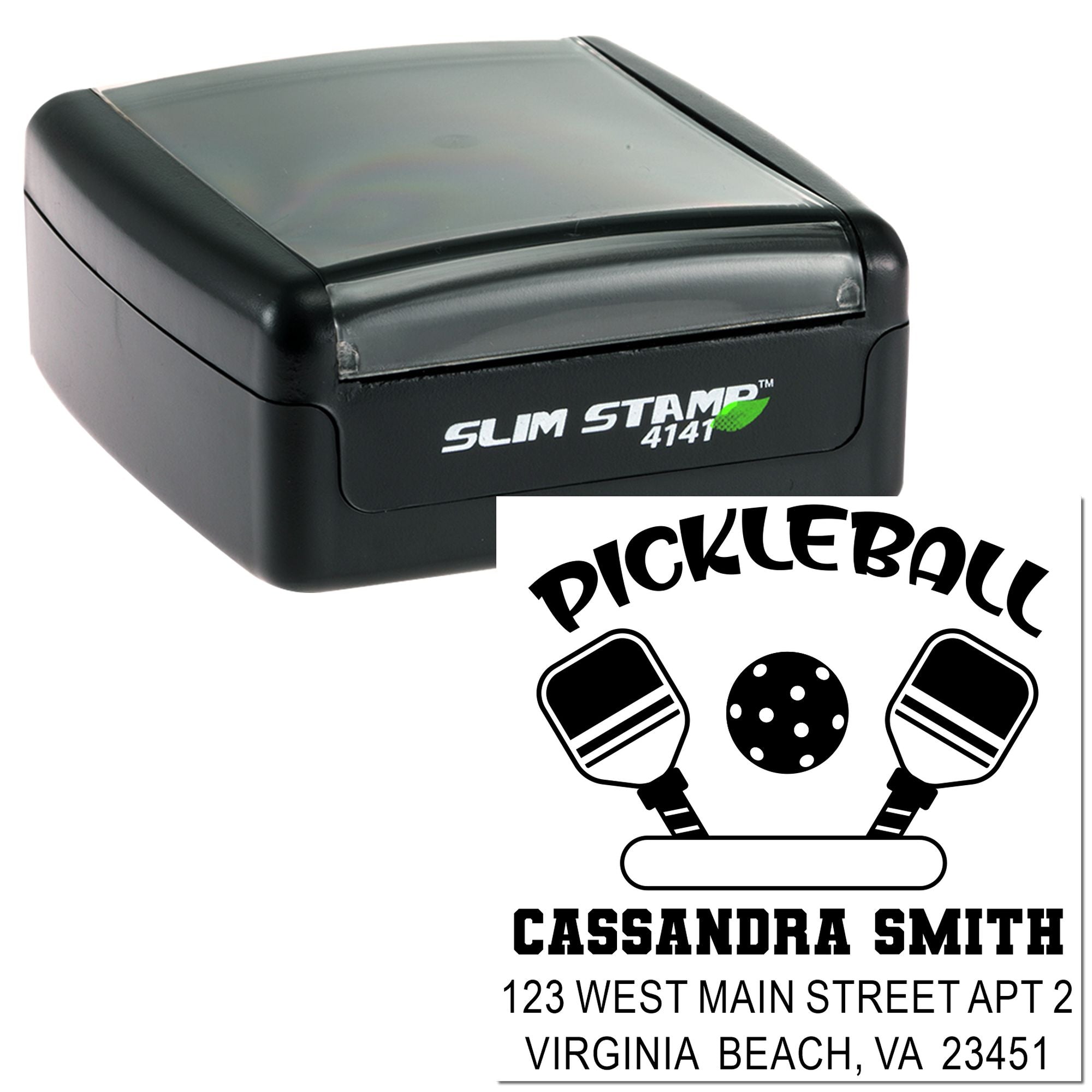 Custom pickleball return address rubber stamp, shown in self-inking slim stamp case with name and Virginia Beach address.