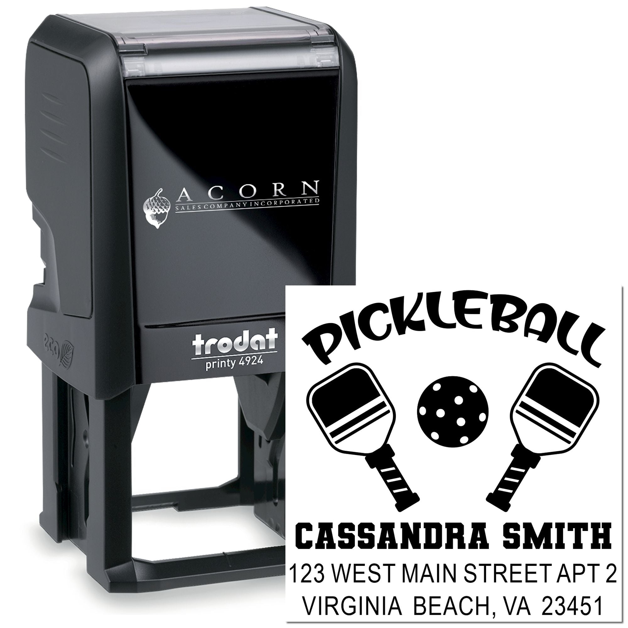 Trodat Printy 4924 self-inking rubber stamp with custom pickleball name and address design