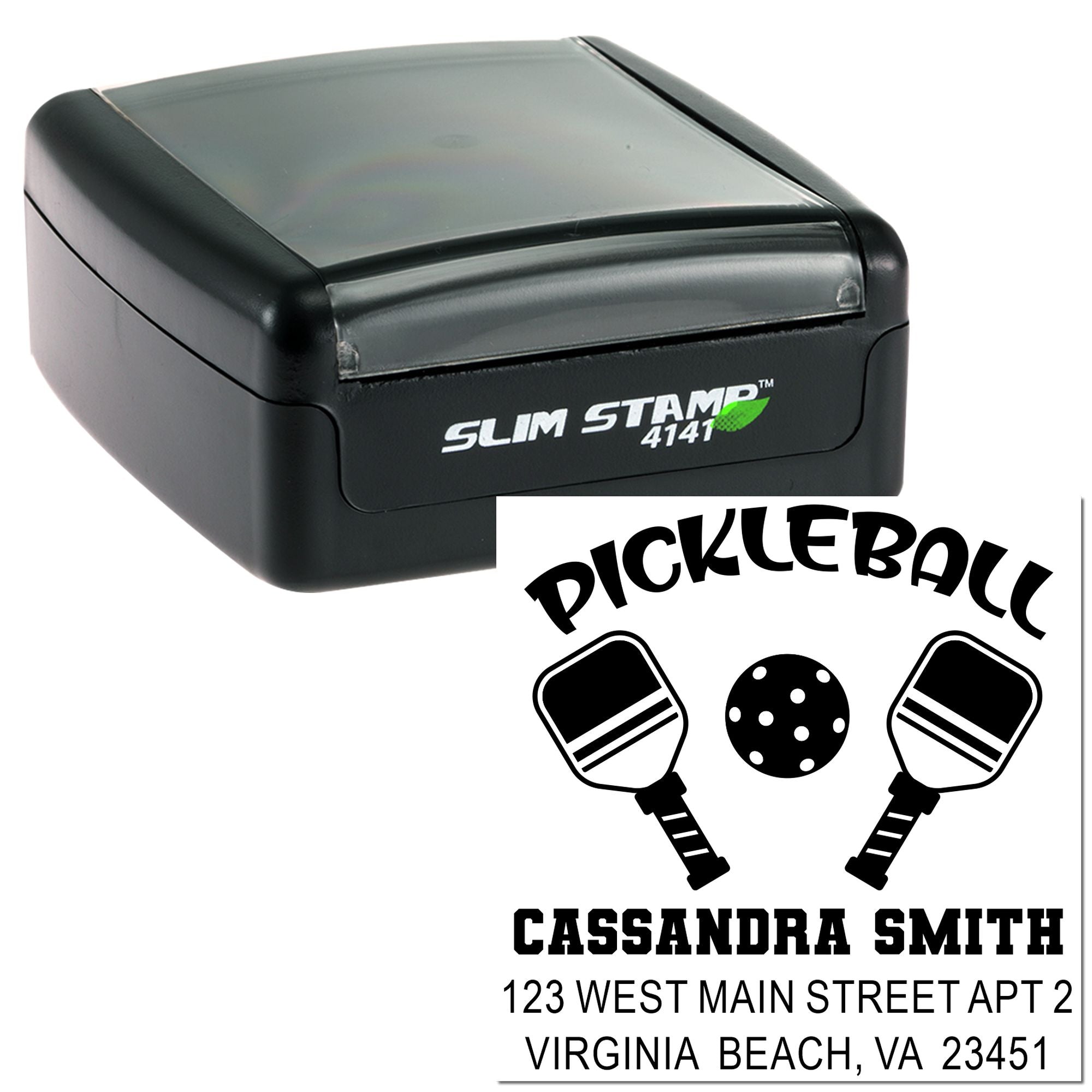 Custom pickleball self-inking rubber stamp with name, address and paddle graphic.