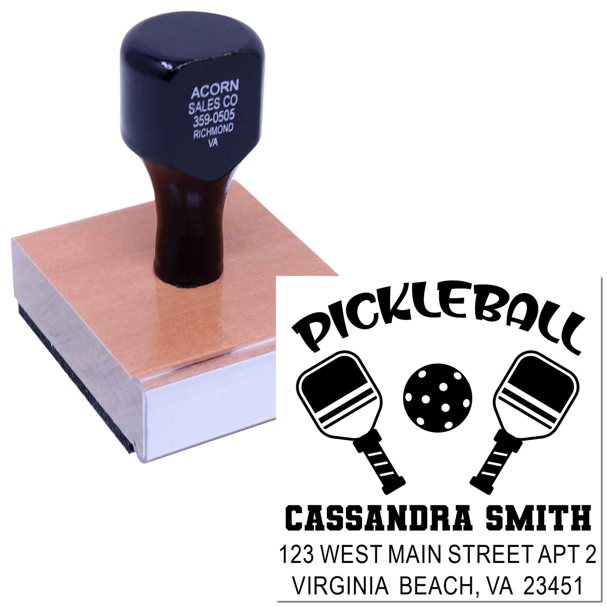 Custom pickleball rubber stamp with name and address for personalized stationery and packaging
