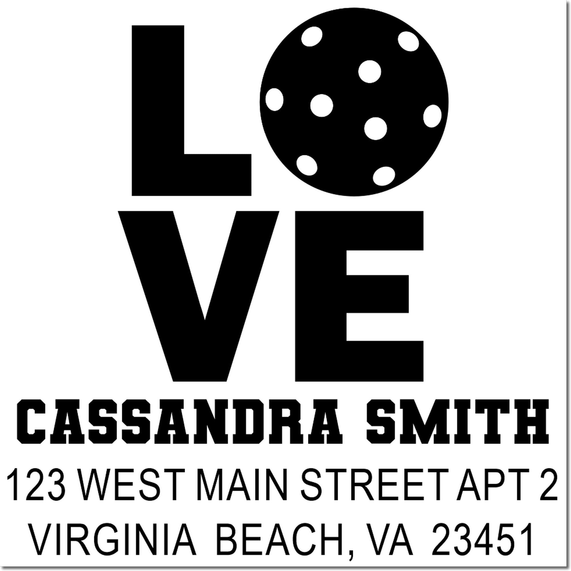 Custom LOVE address rubber stamp for Cassandra Smith, 123 West Main Street Apt 2, Virginia Beach, VA 23451