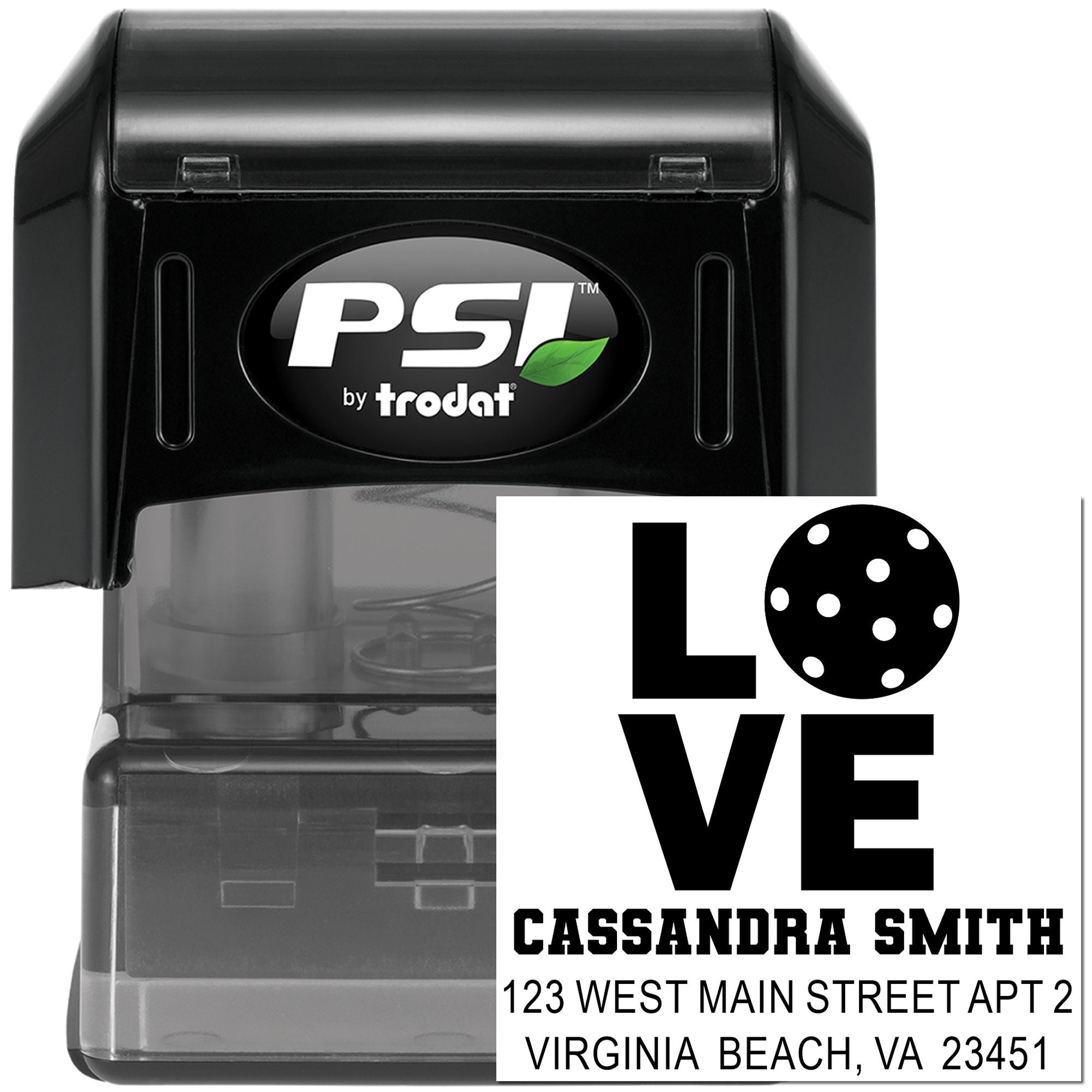 Custom self-inking rubber address stamp with LOVE design by PSI Trodat for personalized return address mailing.