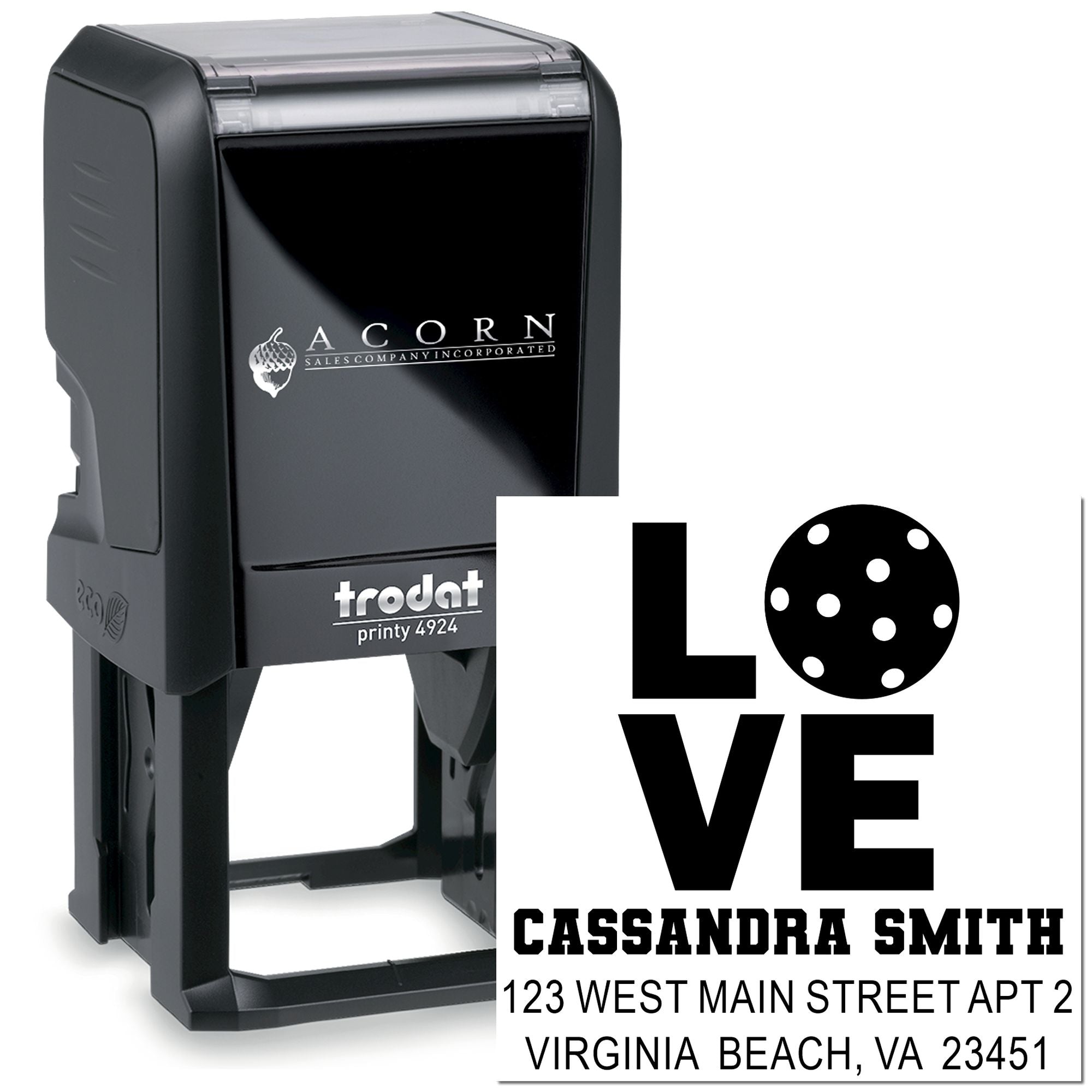 Custom self-inking rubber stamp with LOVE return address design for personalized wedding invitations, envelopes, and stationery.