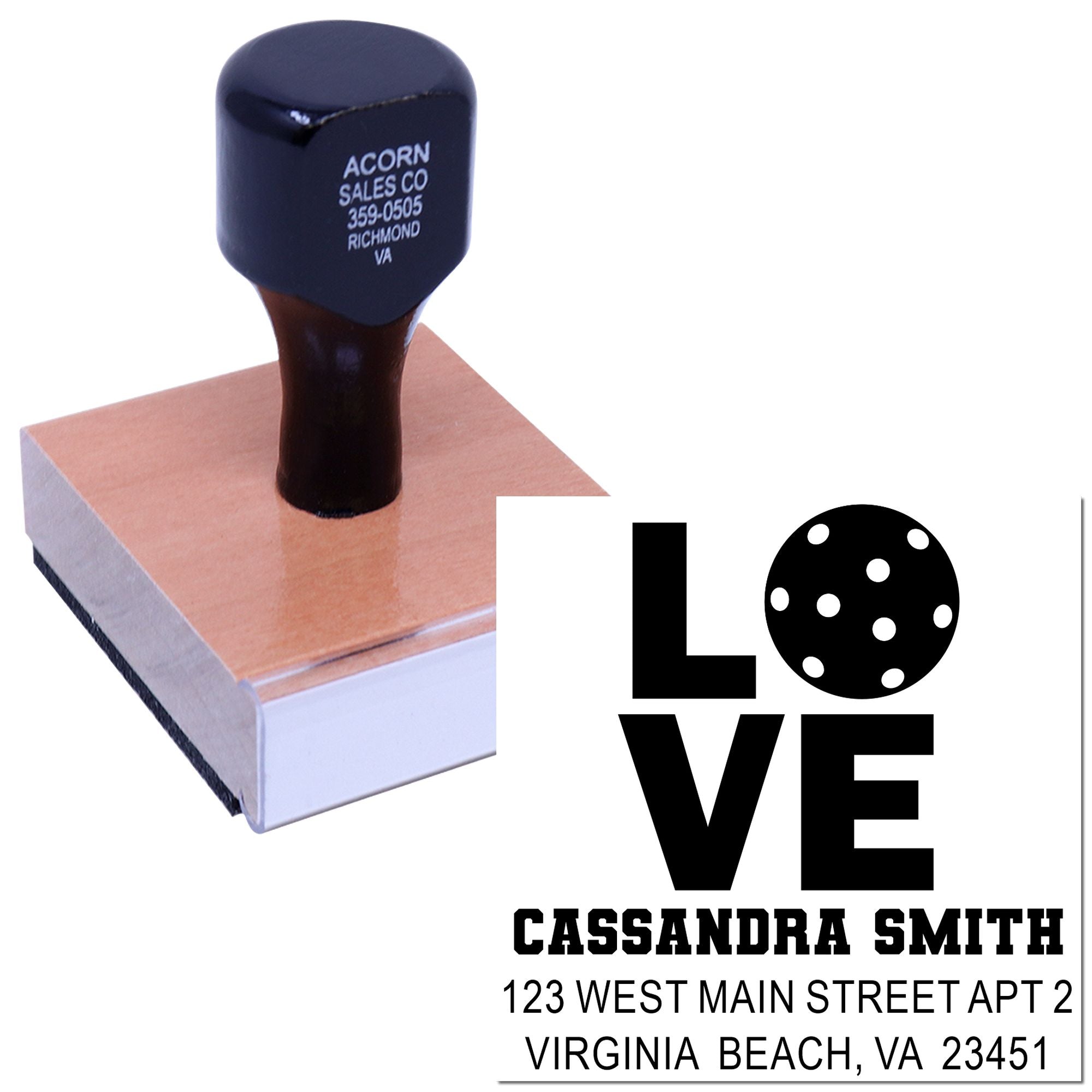 Custom address rubber stamp with LOVE design and Virginia Beach return address imprint for personalized mailings.