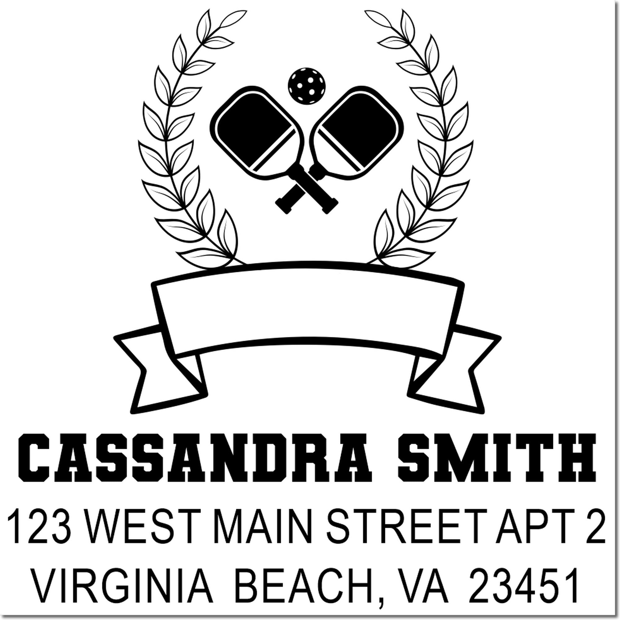 Custom pickleball rubber stamp with crossed paddles, laurel wreath, blank banner, and return address for Cassandra Smith.