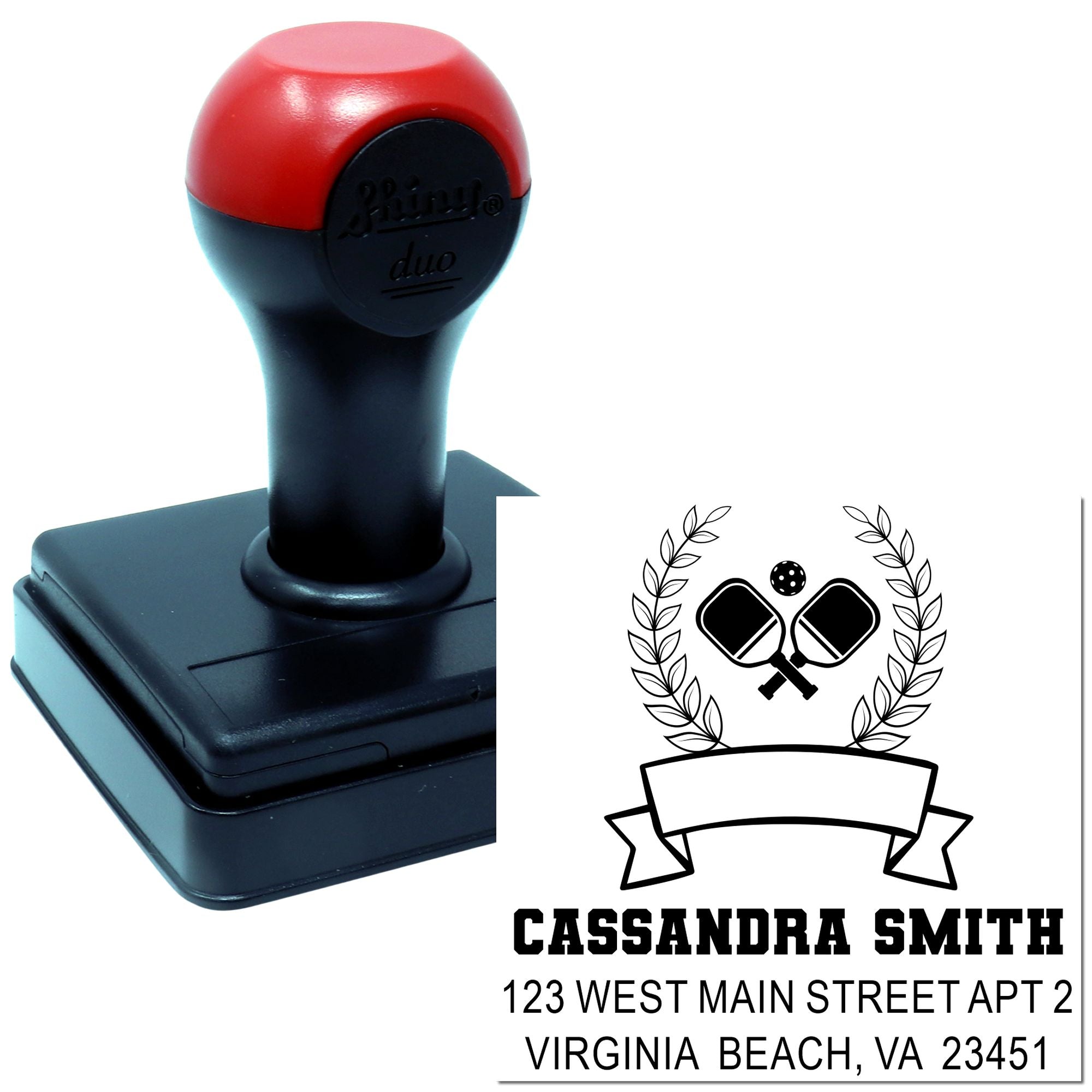 Custom self-inking rubber address stamp with pickleball paddle design, name, and mailing address.