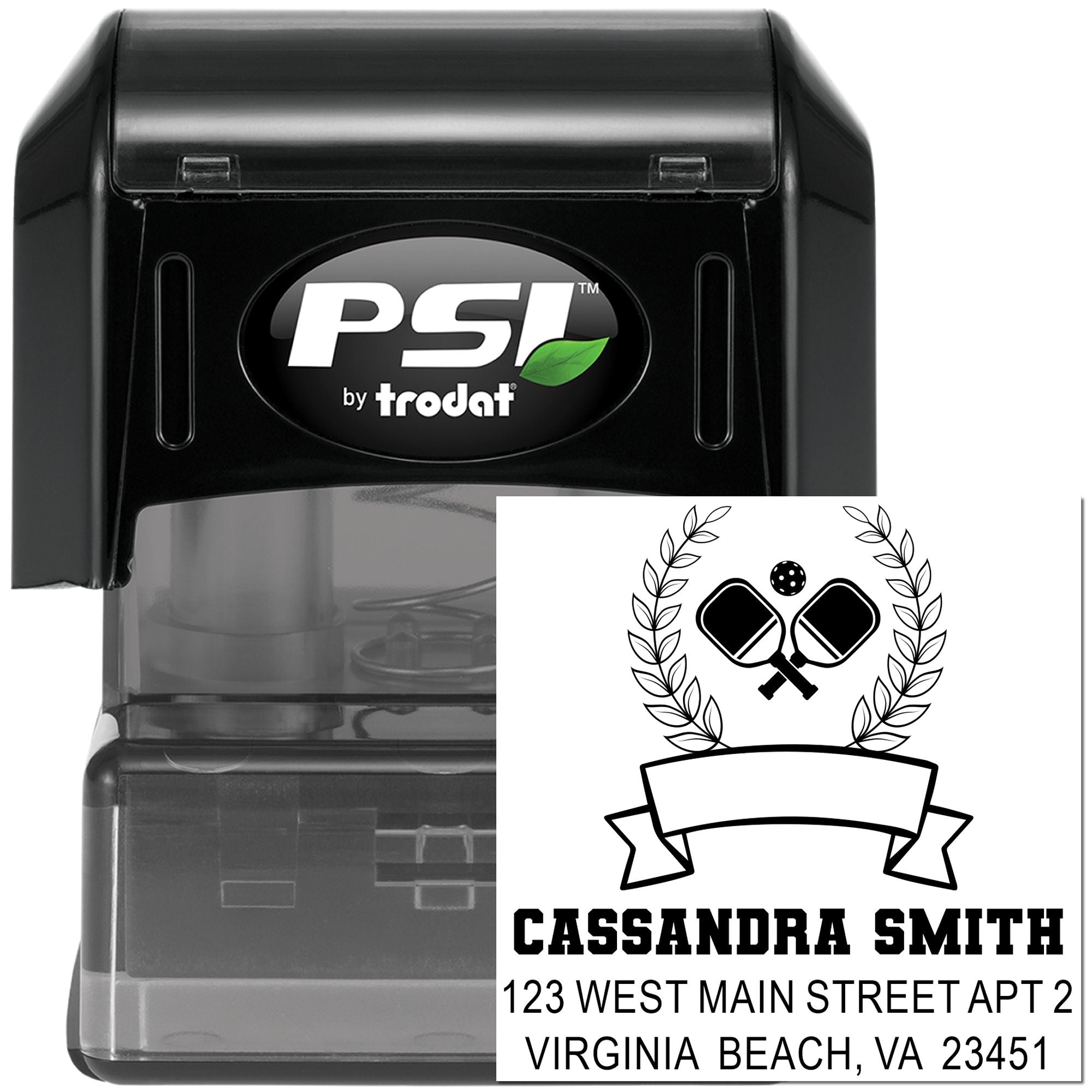 Custom self-inking rubber stamp for pickleball, with crossed paddles, laurel wreath, name, and return address.