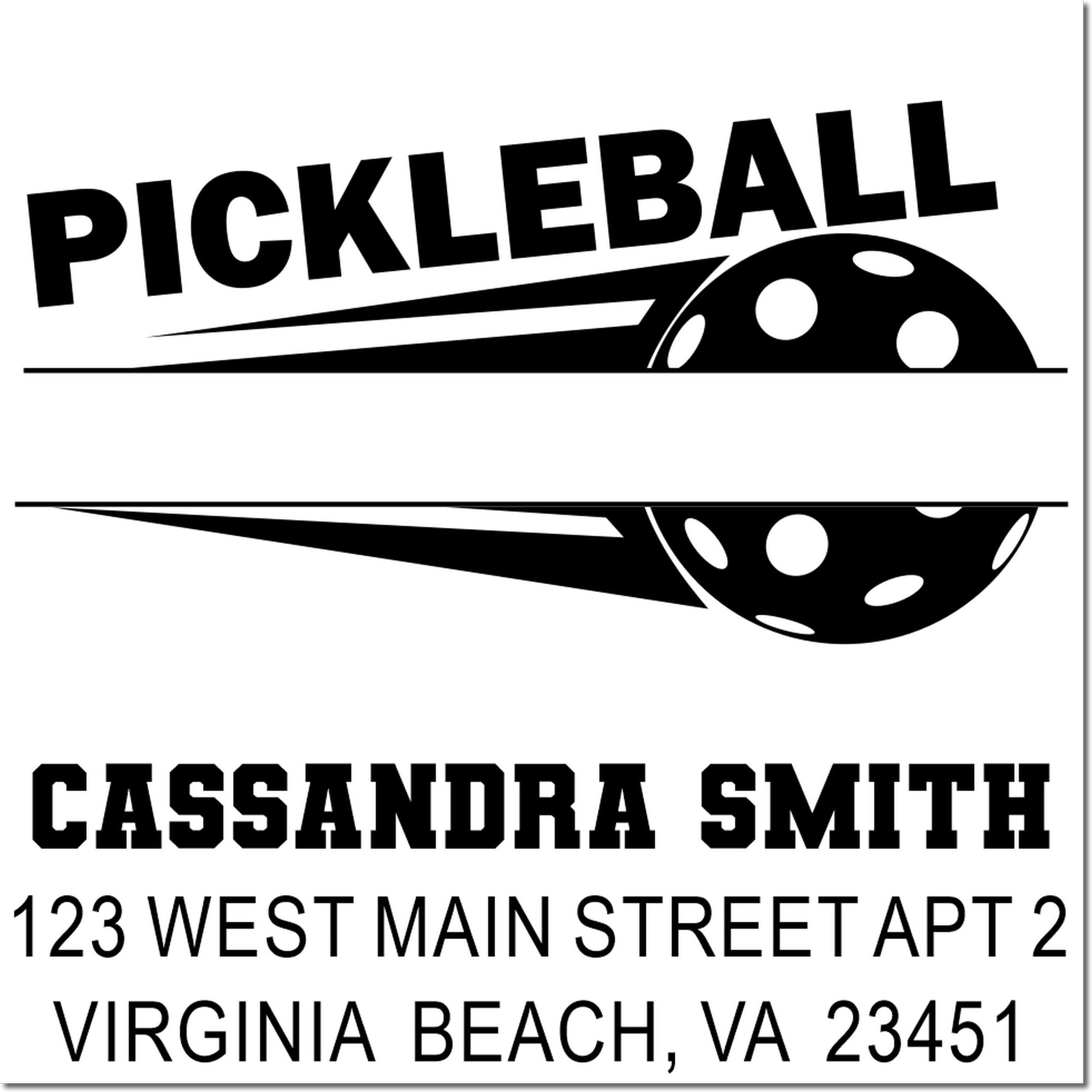 Custom pickleball address rubber stamp for Cassandra Smith, Virginia Beach VA, featuring sporty pickleball design.