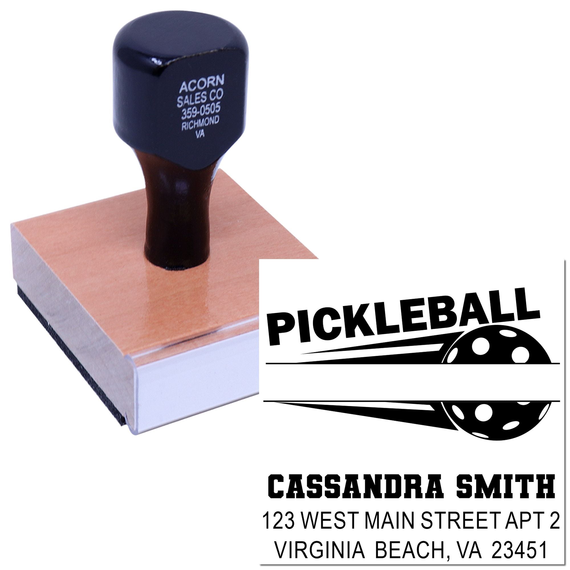 Custom pickleball rubber stamp with logo, name, and address for personalized mailing and branding