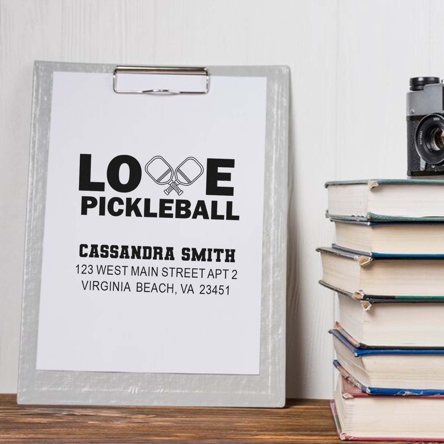 Custom pickleball return address rubber stamp with name and address, featuring a Love Pickleball design mockup.