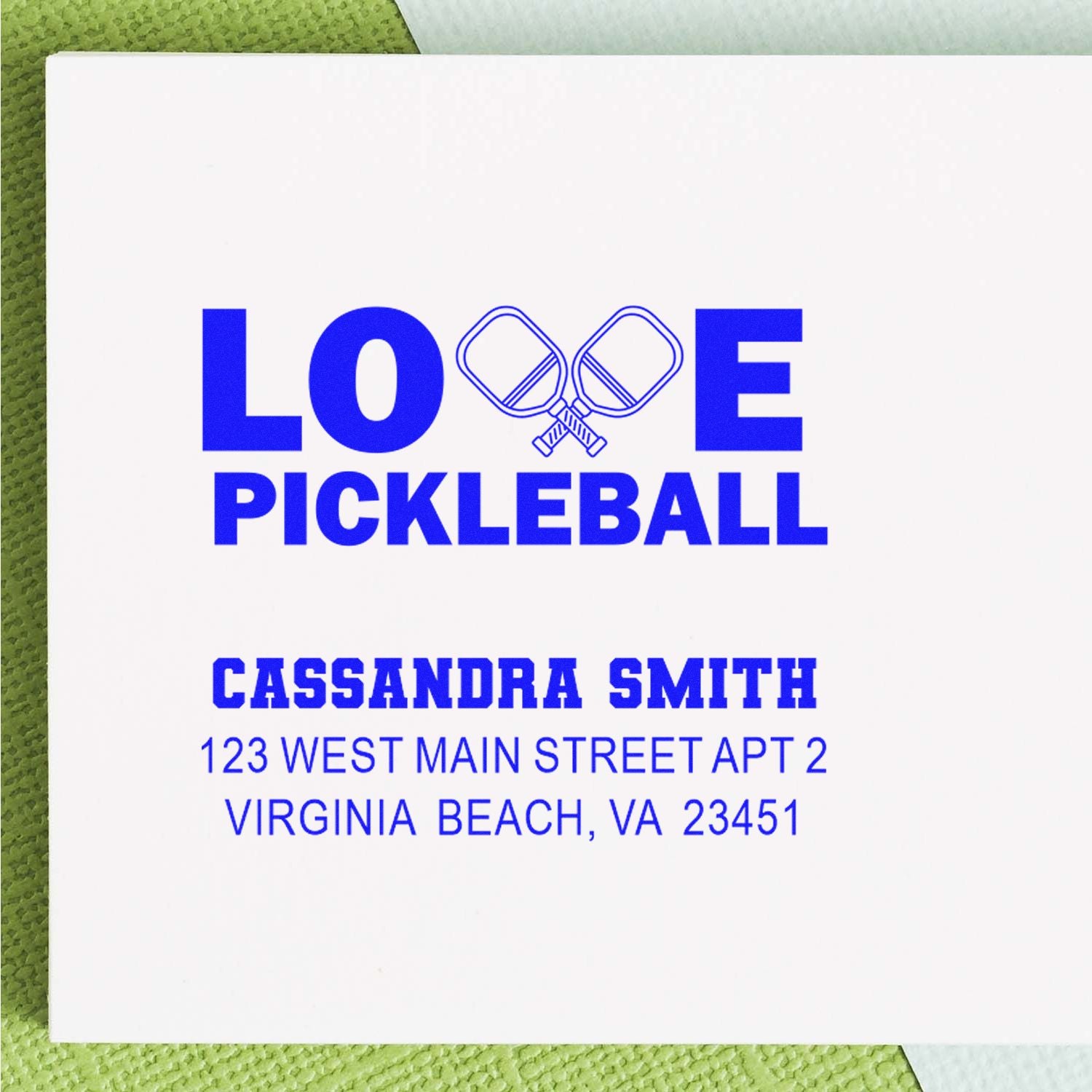 Custom pickleball rubber stamp with Love Pickleball design and personalized name and address for mailing.