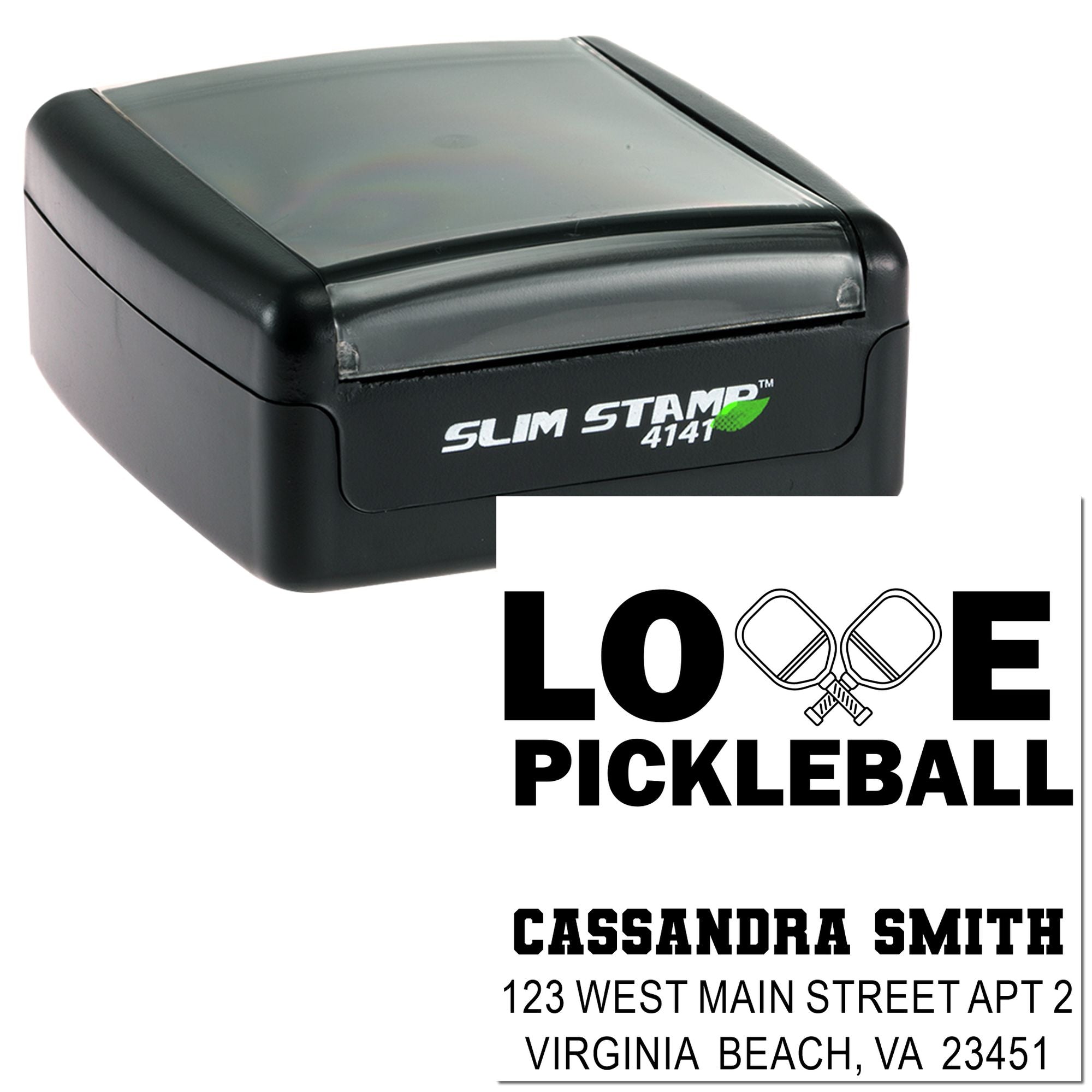 Custom pickleball return address rubber stamp with Slim Stamp 4141 case and personalized Virginia Beach, VA name and address.