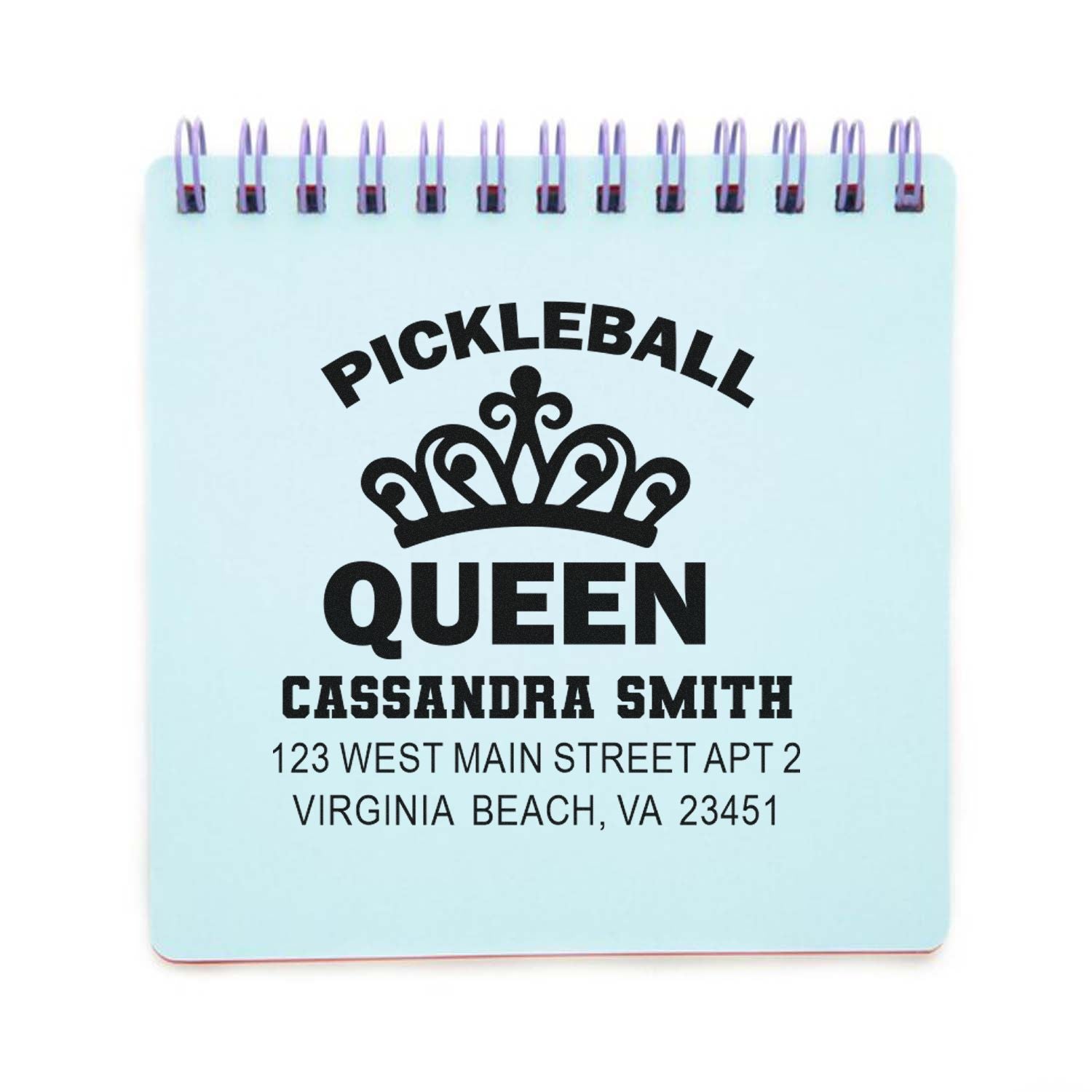Custom Pickleball Queen rubber stamp design with crown, Cassandra Smith name, and Virginia Beach address.