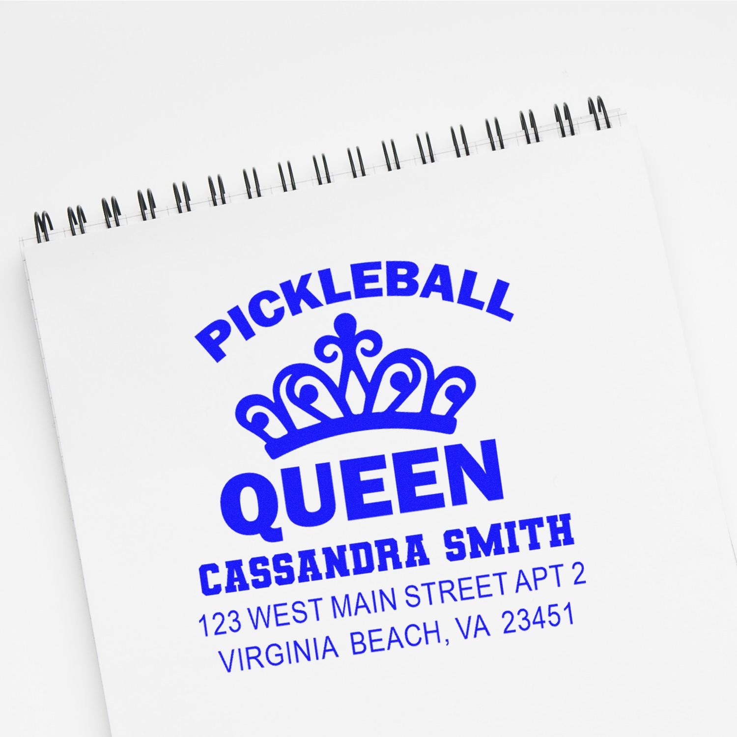Custom pickleball queen rubber stamp with crown, name, and address for Cassandra Smith, Virginia Beach.