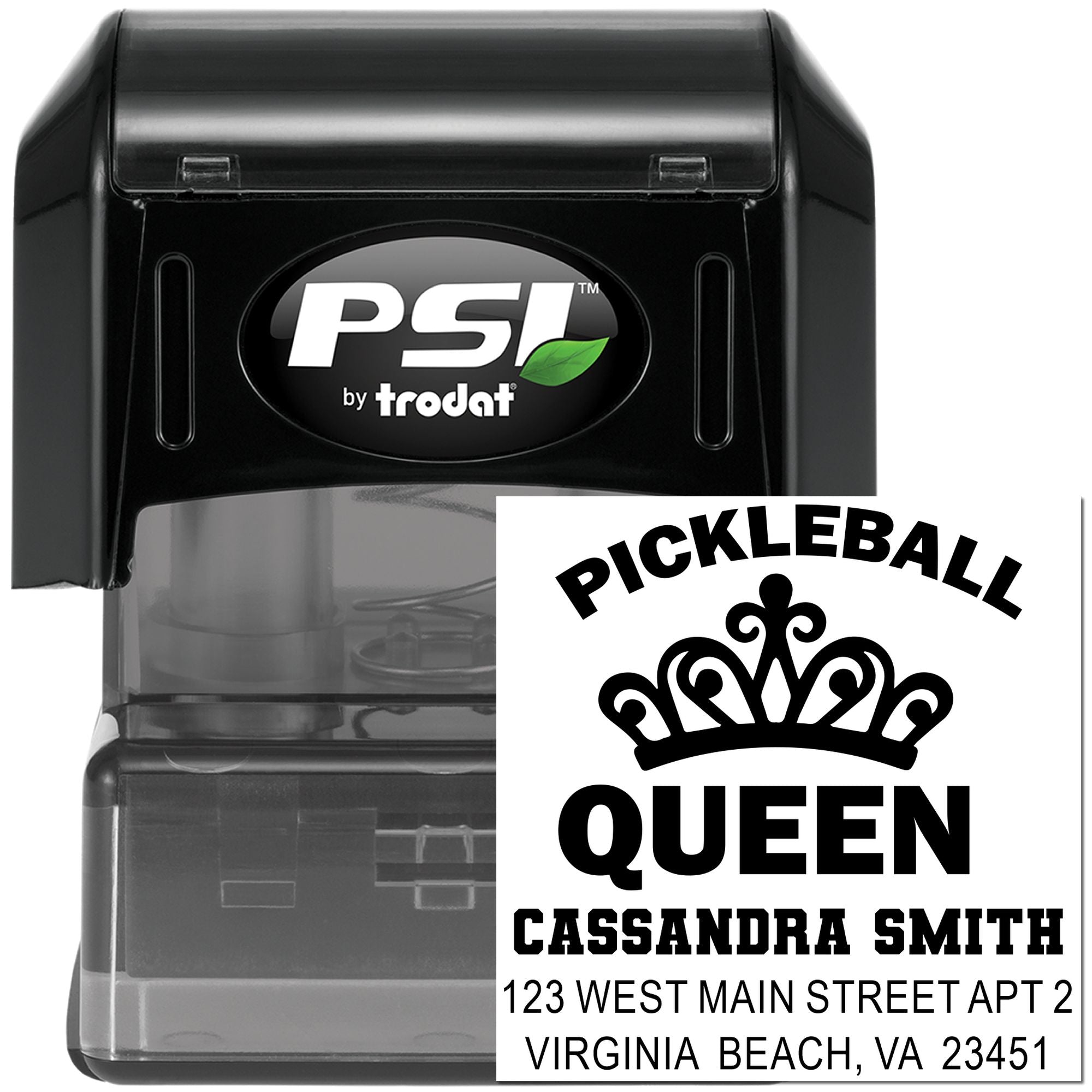 Custom self-inking rubber stamp with Pickleball Queen design and personalized return address for Cassandra Smith.