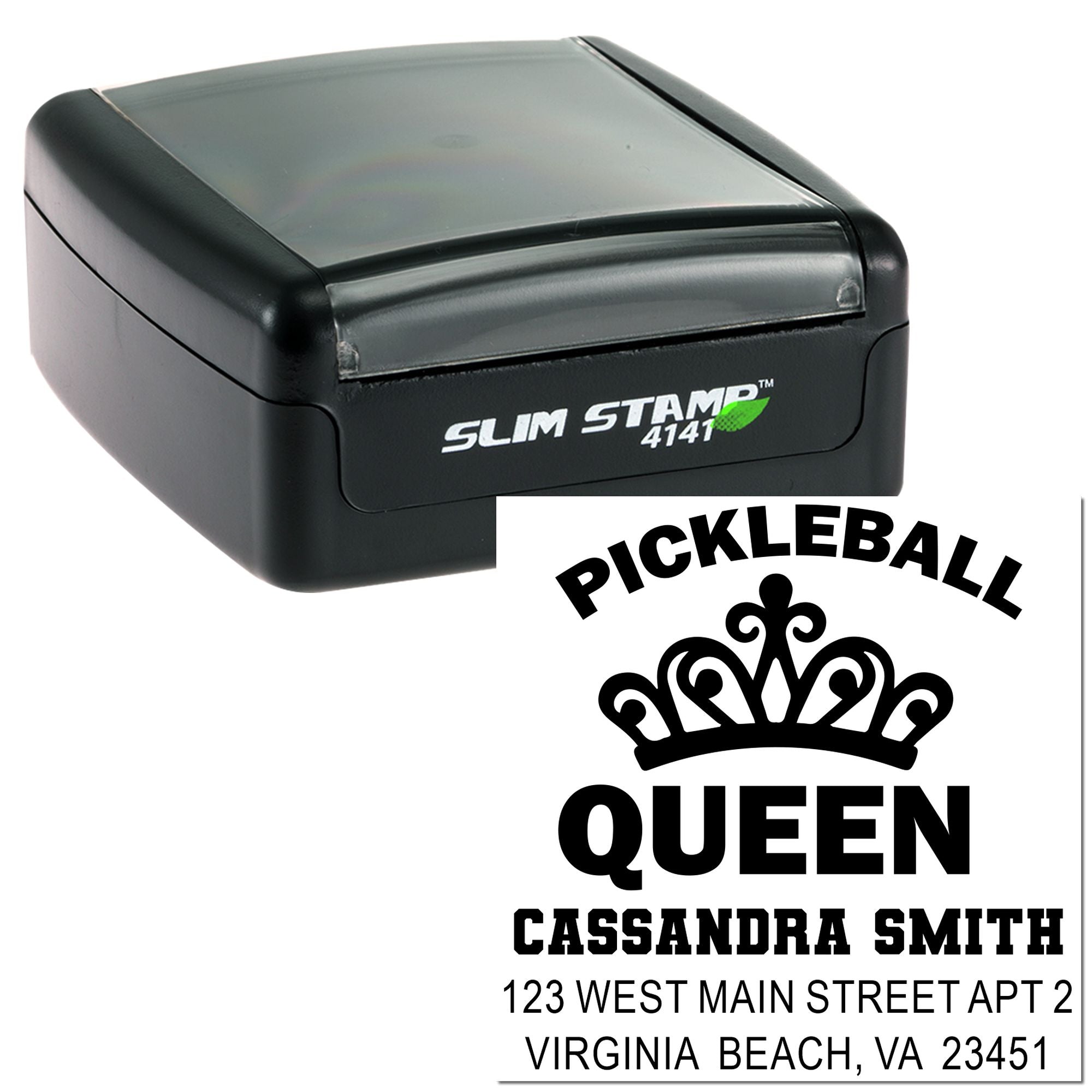 Custom self-inking rubber stamp for Pickleball Queen address labels with Cassandra Smith and Virginia Beach mailing details.