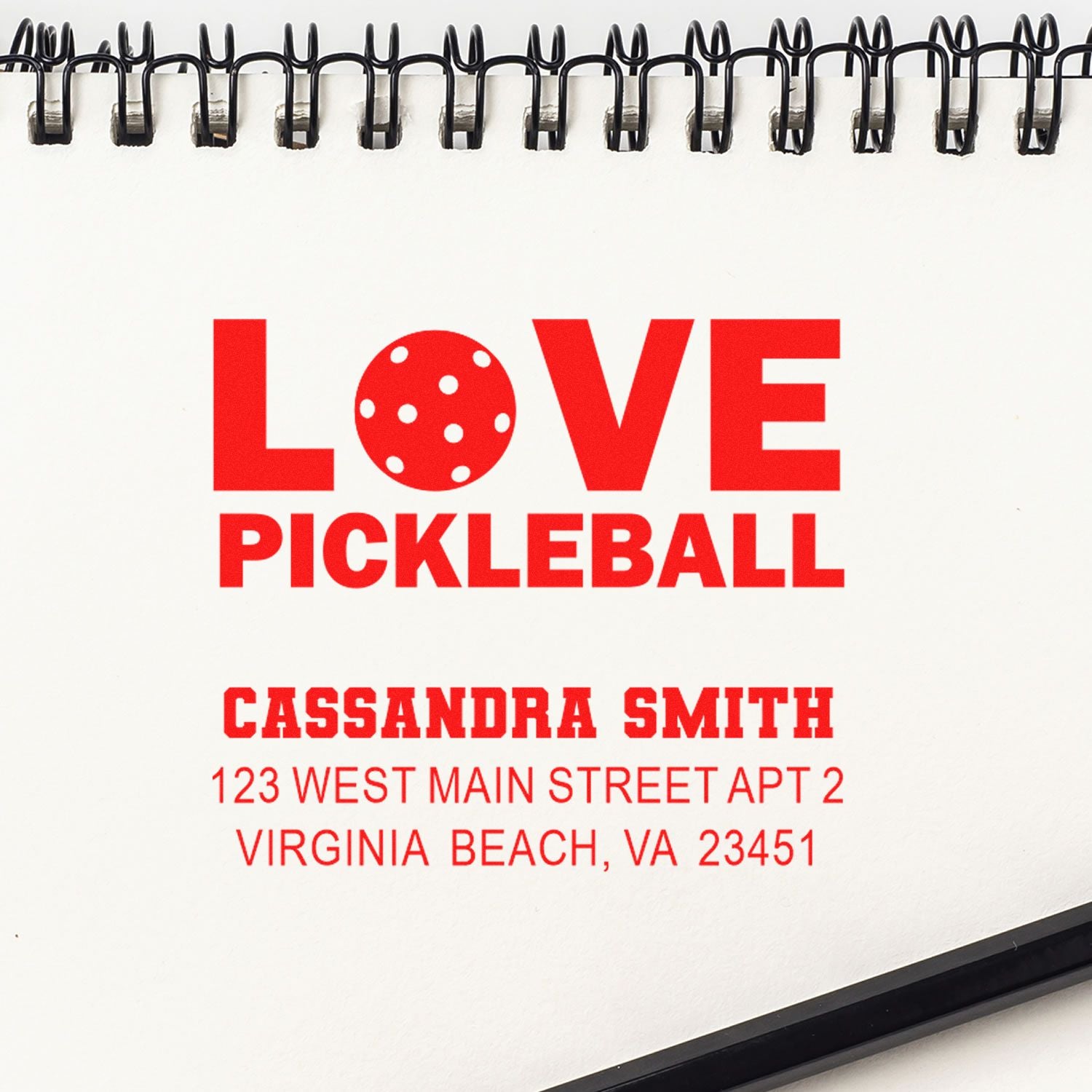 Love Pickleball custom rubber stamp with name and address for personalized stationery, cards, and sports gifts.