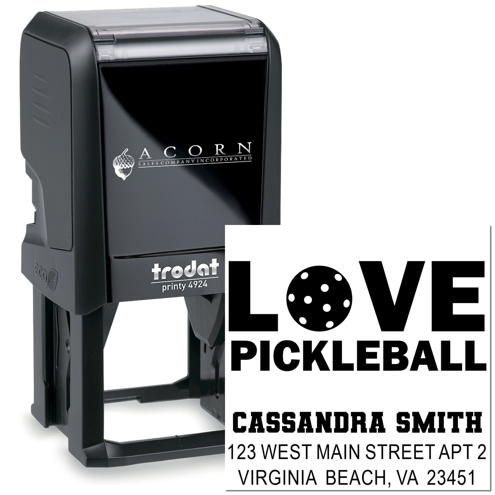 Personalized self-inking pickleball rubber stamp with Love Pickleball design, name, and return address.