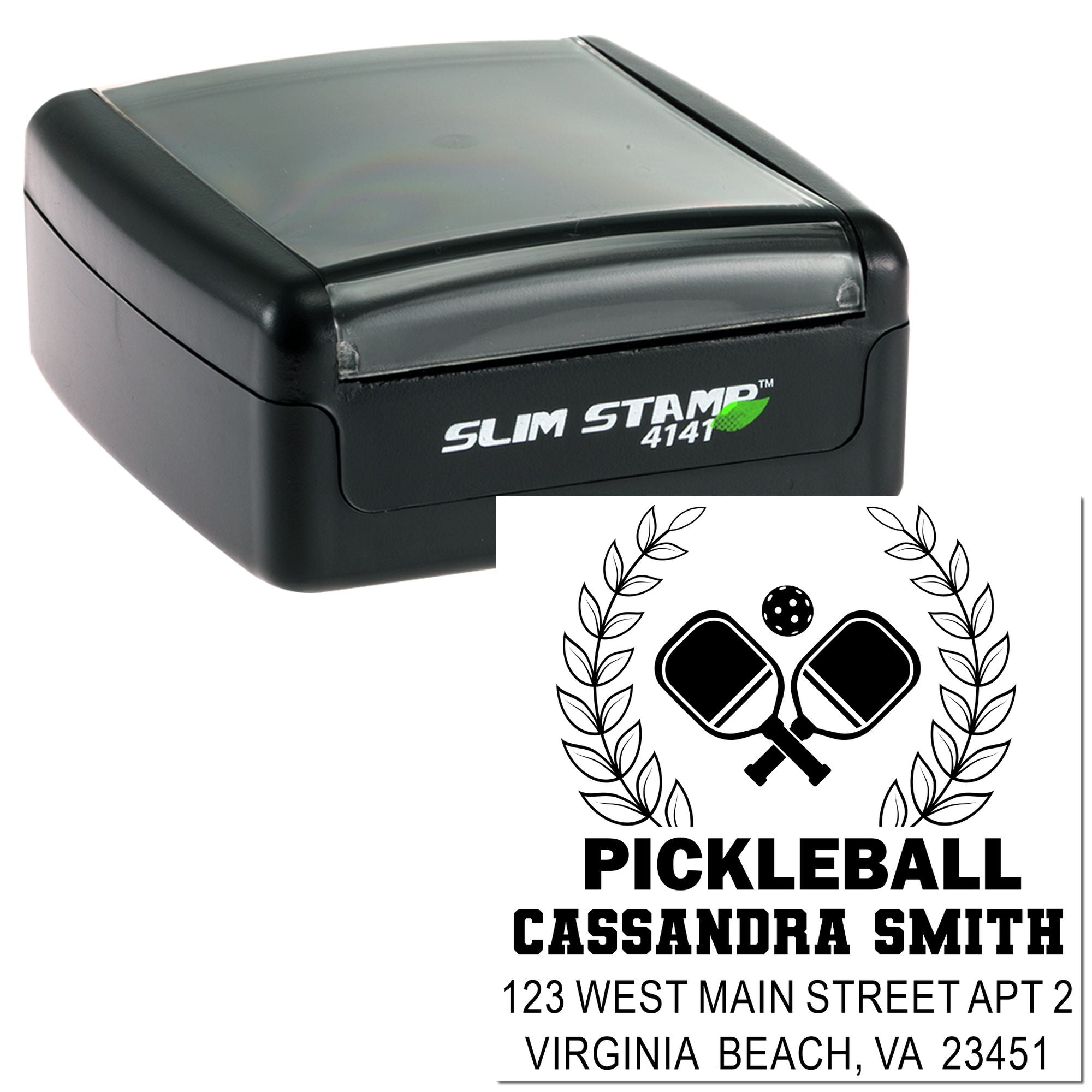 Custom pickleball address rubber stamp with self-inking Slim Stamp 4141 case and personalized name and address design.