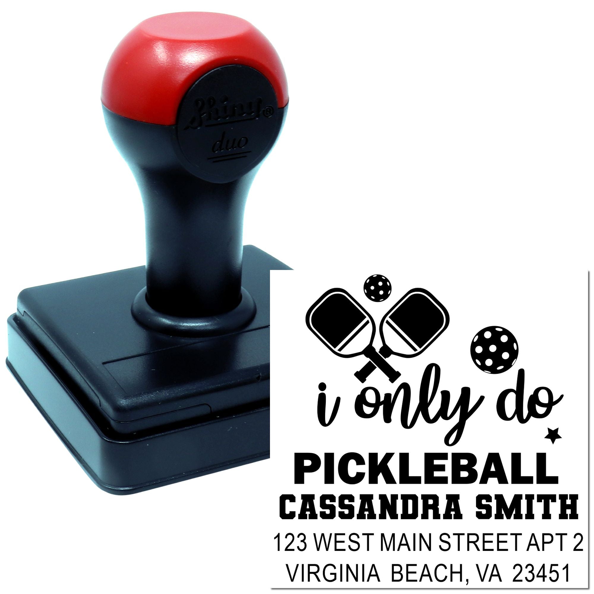 Self-inking pickleball address rubber stamp with paddle design, custom name, and mailing address for personalized sports mailings
