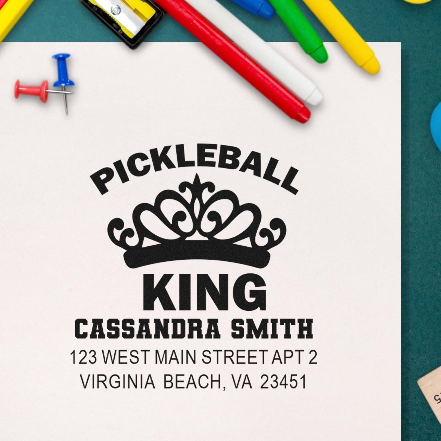 Custom pickleball king rubber stamp with crown design, personalized name, and Virginia Beach address.
