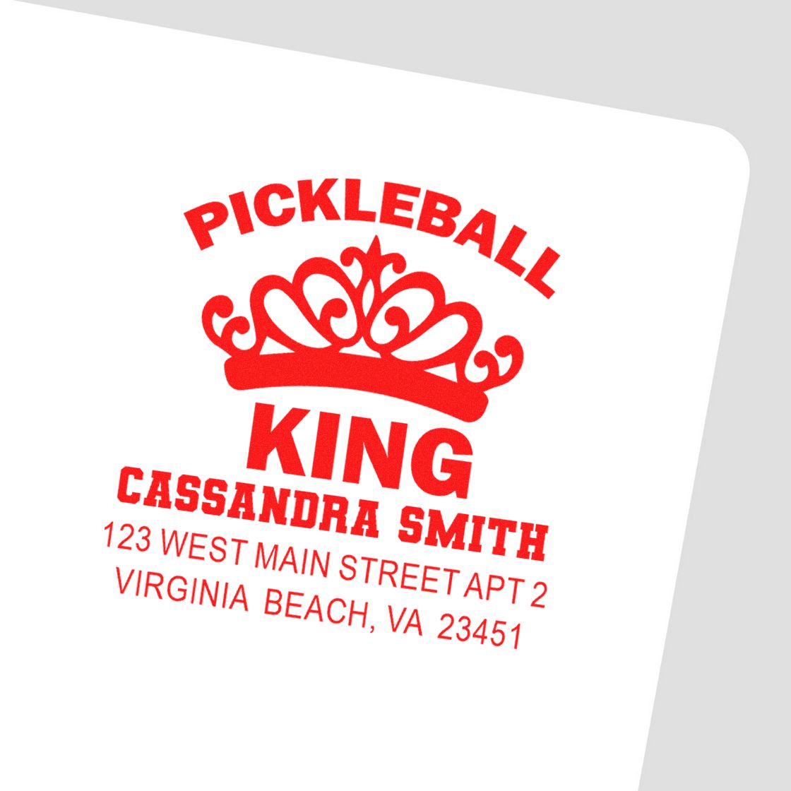 Personalized pickleball king return address rubber stamp with crown design, custom name, and Virginia Beach mailing details.