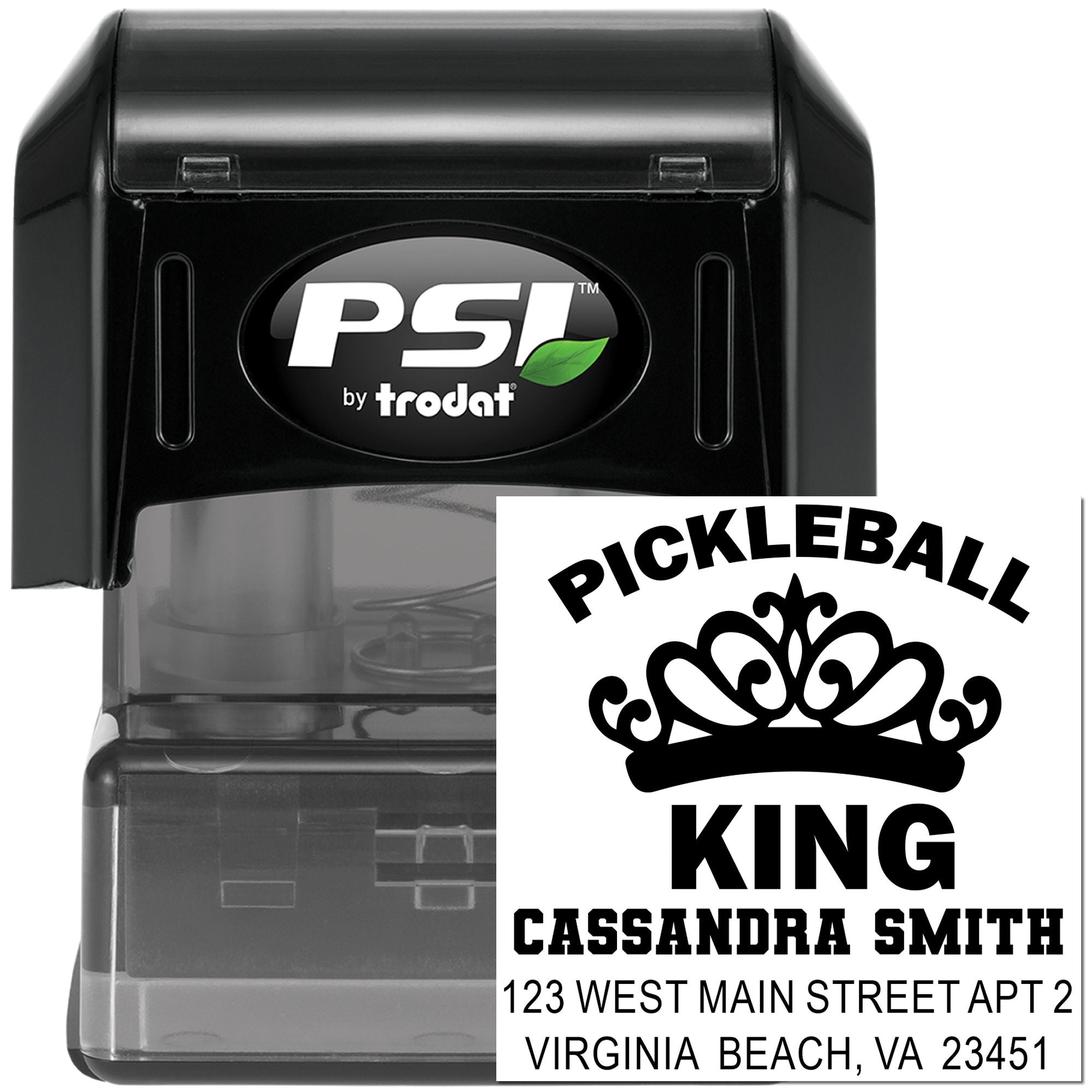 Custom pickleball return address stamp, PSI by Trodat self-inking rubber stamp with personalized Pickleball King design.