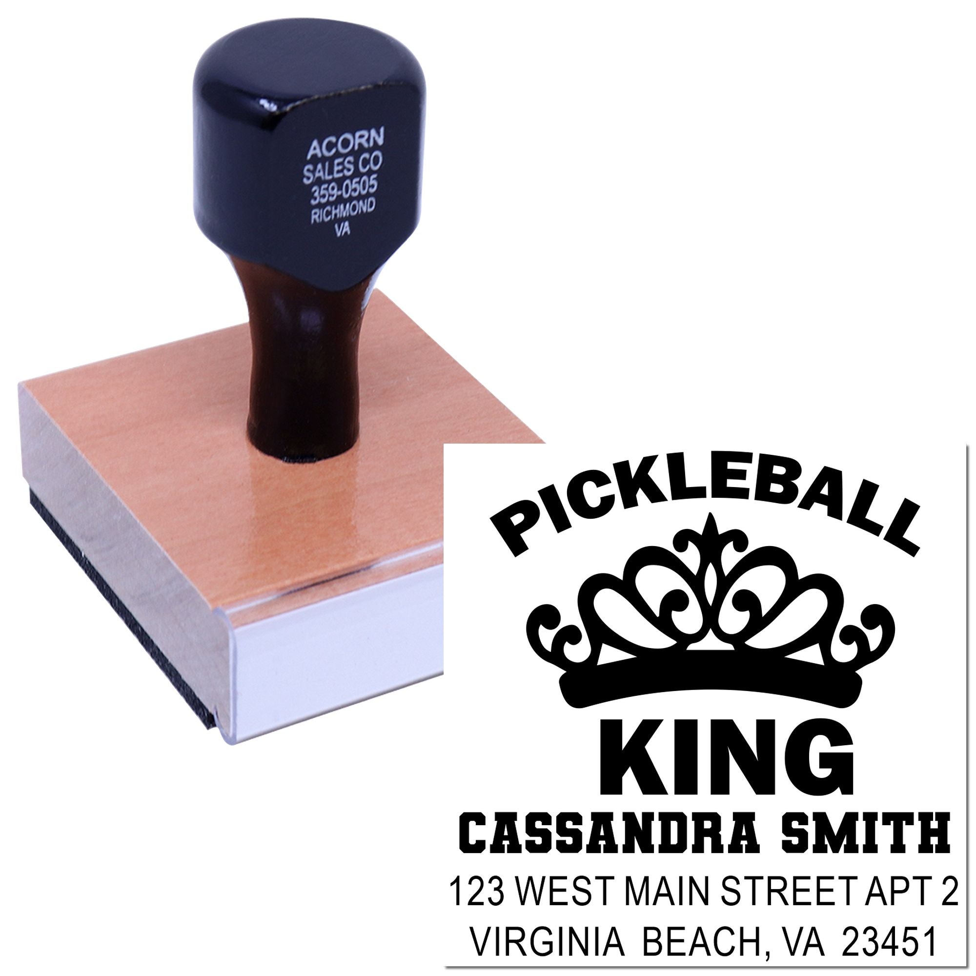 Custom rubber address stamp for Pickleball King, personalized with Cassandra Smith name and Virginia Beach address.