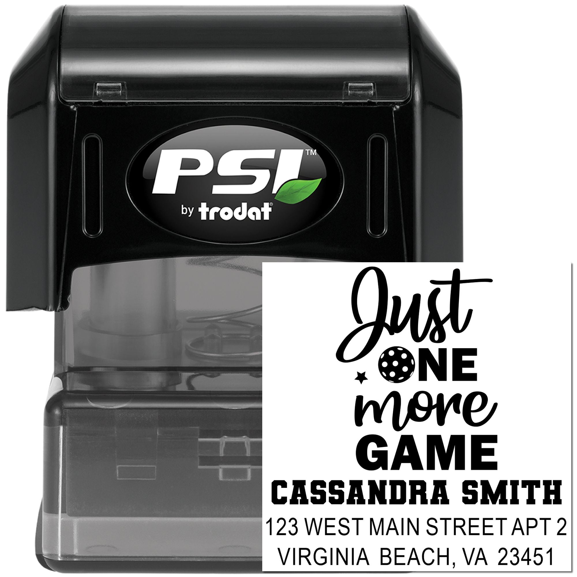 PSI by Trodat self-inking rubber stamp with custom Just One More Game return address design for personalized game-themed mail.