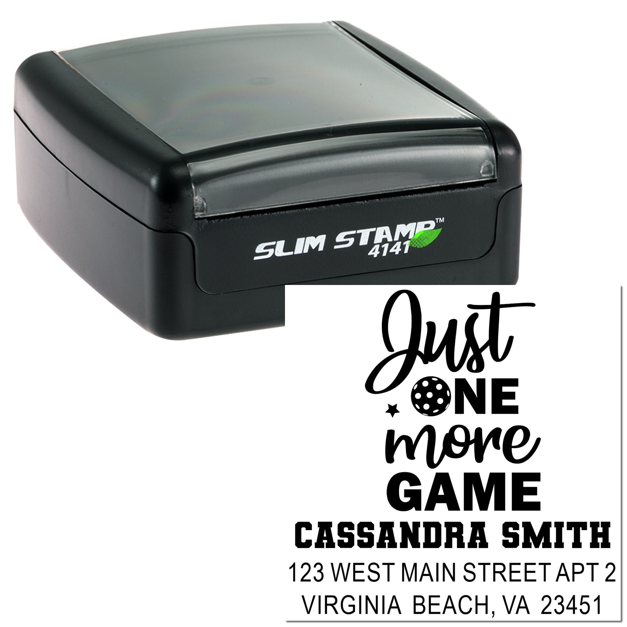Custom self-inking rubber stamp for personalized address labels and Just One More Game return marking.