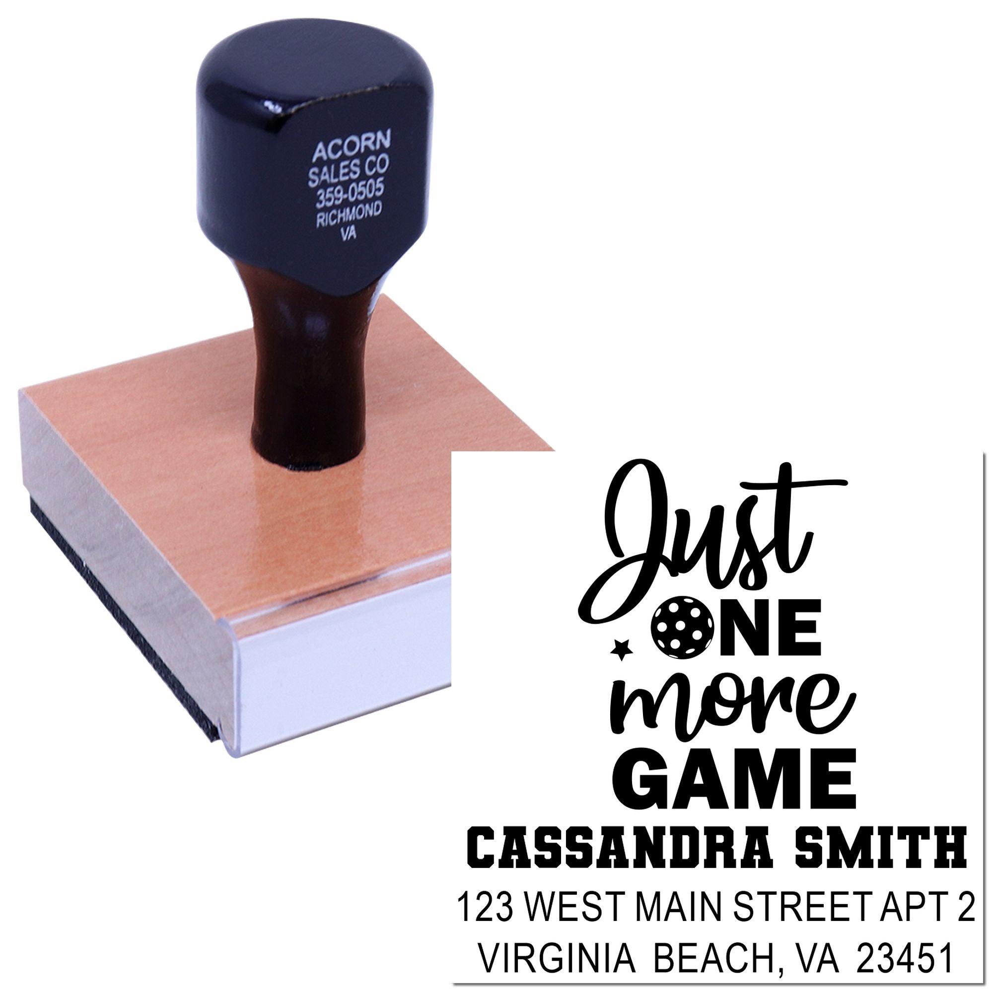 Personalized rubber stamp with custom name, address, and Just One More Game design for return address mailings.