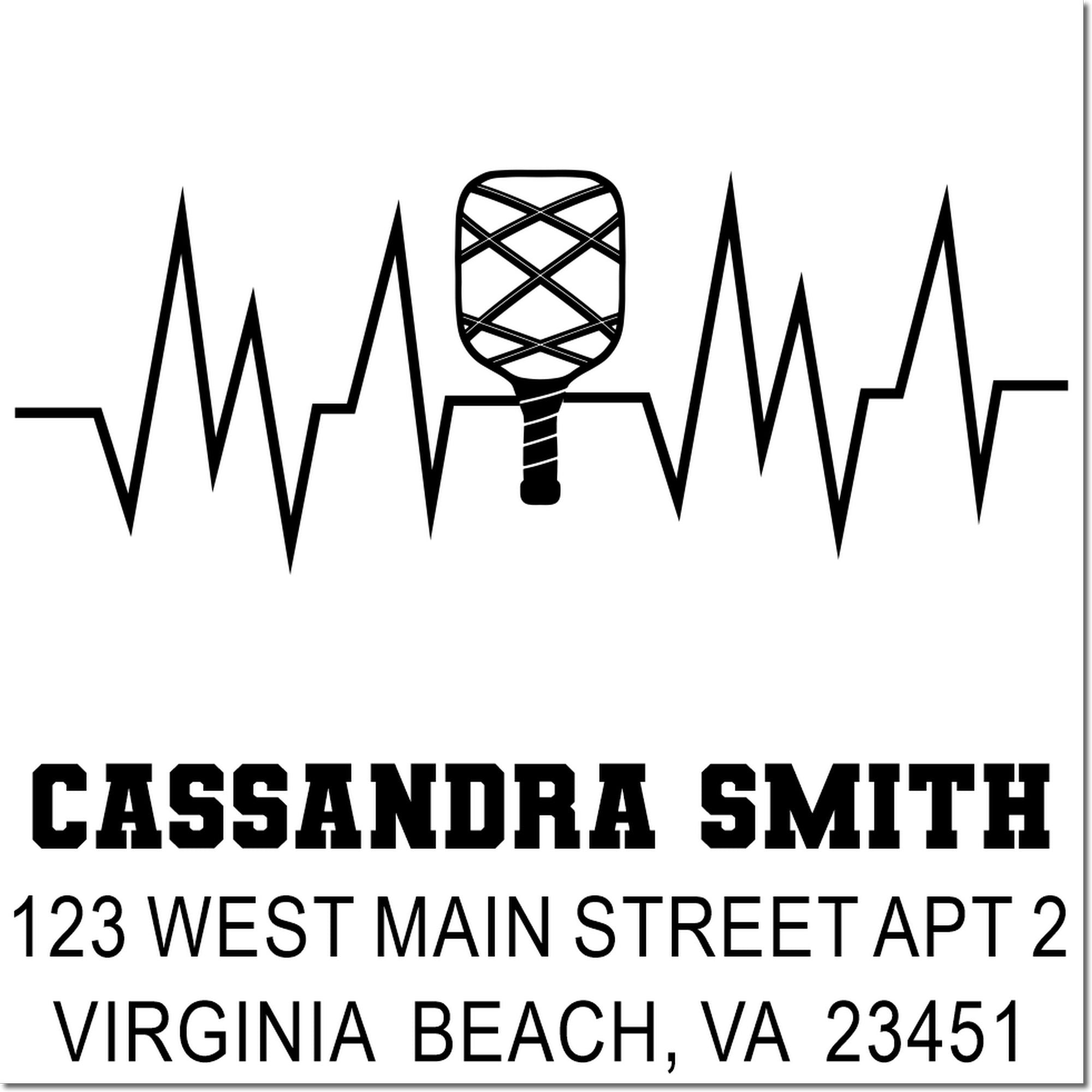 Personalized address rubber stamp for Cassandra Smith in Virginia Beach, featuring firefighter heartbeat and lacrosse design.