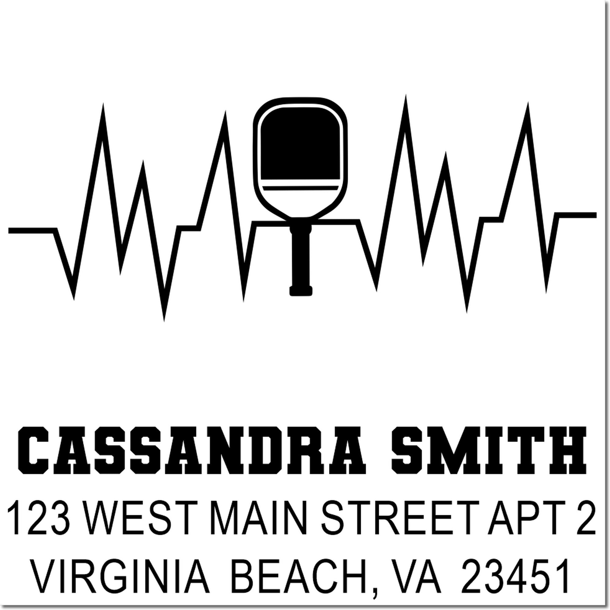 Custom healthcare address rubber stamp with heartbeat design for Cassandra Smith, 123 West Main Street, Virginia Beach, VA 23451