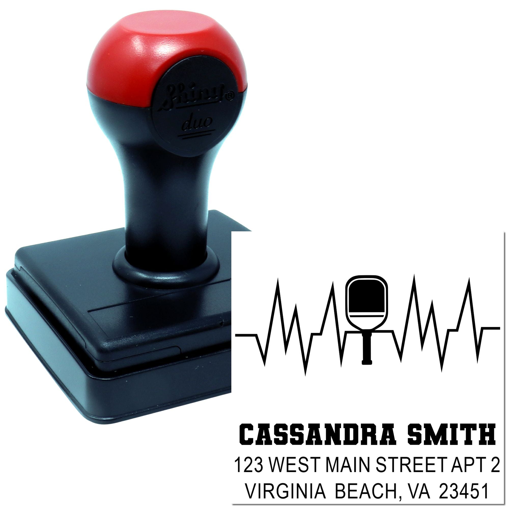 Custom self-inking rubber address stamp with heartbeat and stethoscope design for Cassandra Smith, Virginia Beach, VA.
