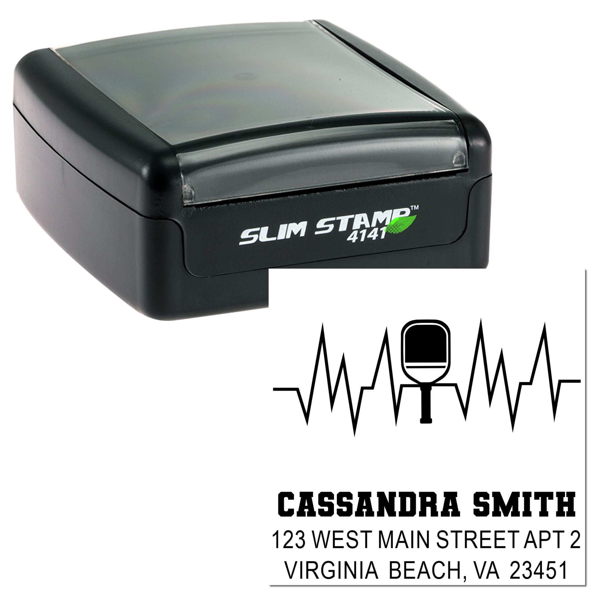 Slim Stamp 4141 self-inking custom rubber address stamp with heartbeat design and name and address imprint