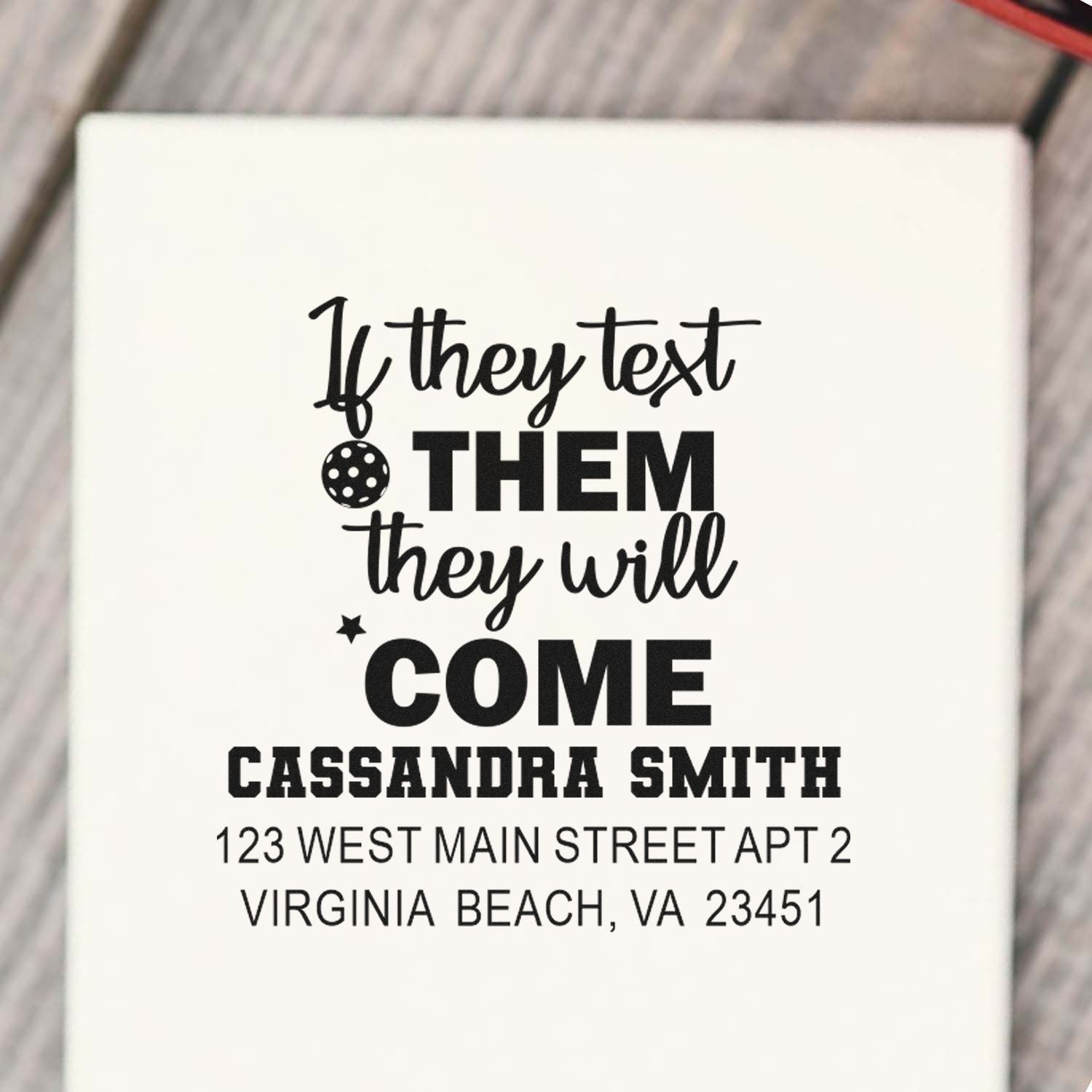 Custom rubber stamp with funny quote, personalized name, and return address for Cassandra Smith in Virginia Beach, VA.