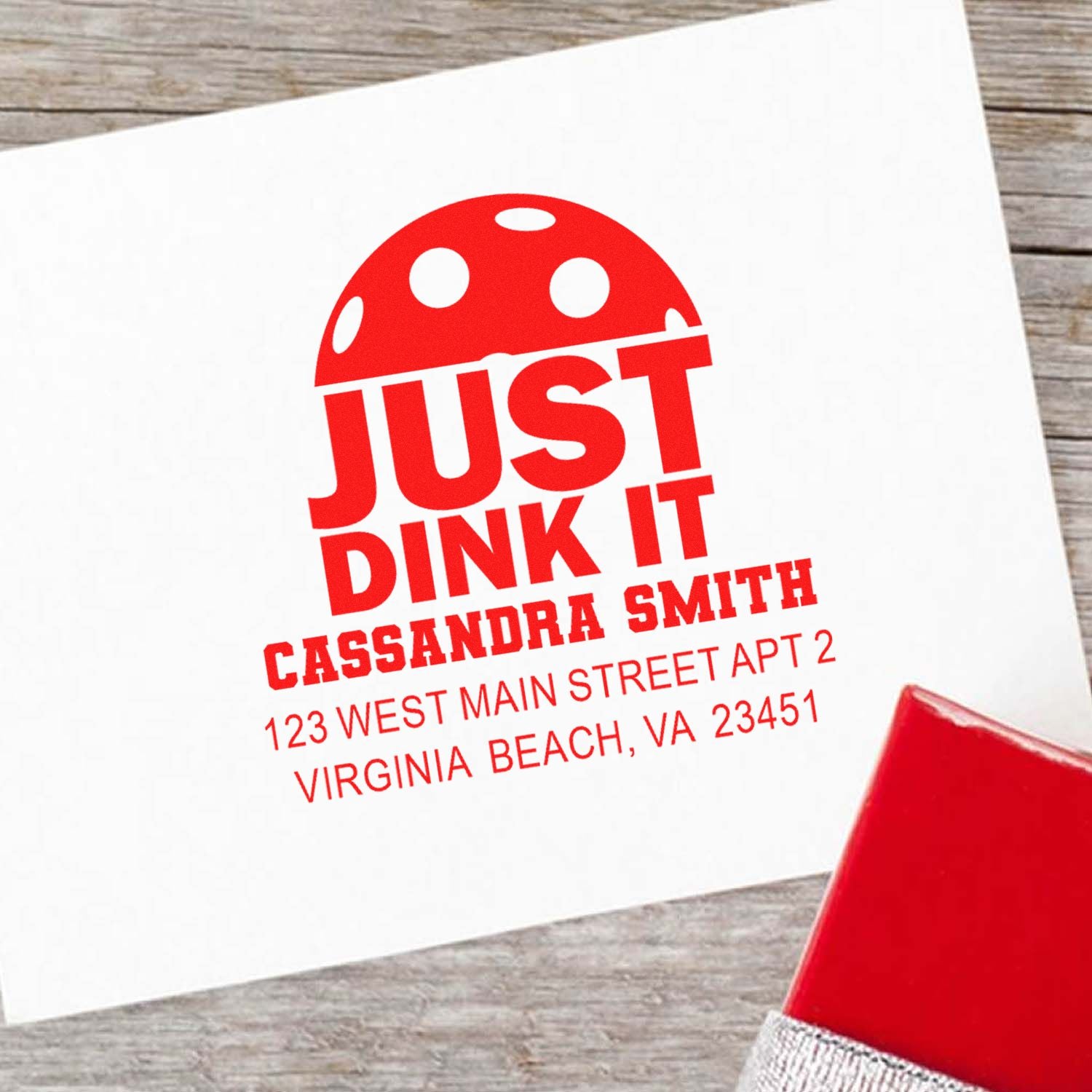 Custom rubber return address stamp with Just Dink It design for Cassandra Smith, Virginia Beach.