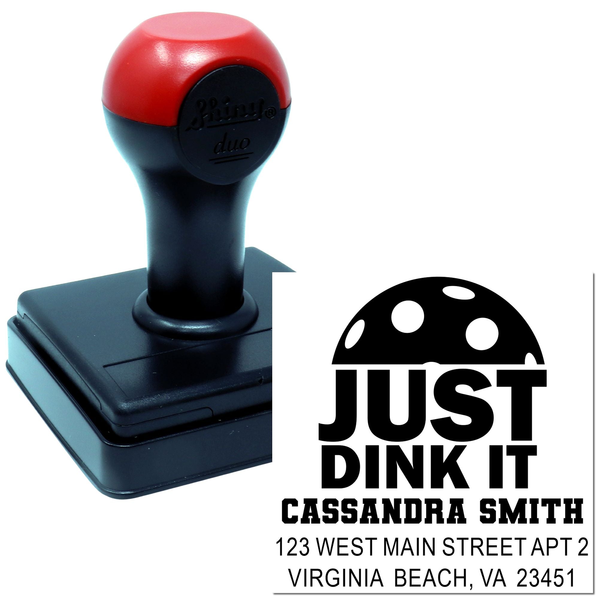 Custom self-inking rubber address stamp with logo and name for personalized mail, branding, and return addresses.