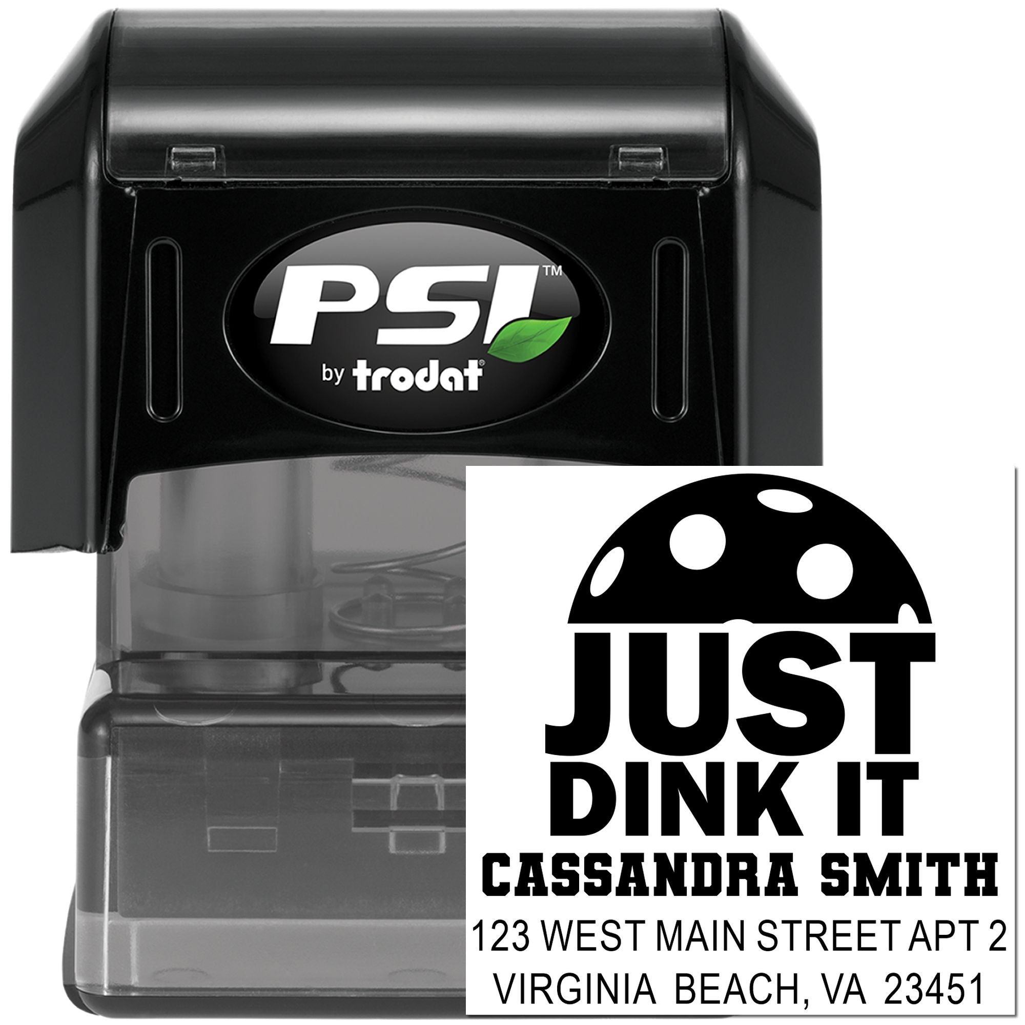 PSI by Trodat self-inking rubber address stamp with custom Just Dink It design for Cassandra Smith, Virginia Beach, VA