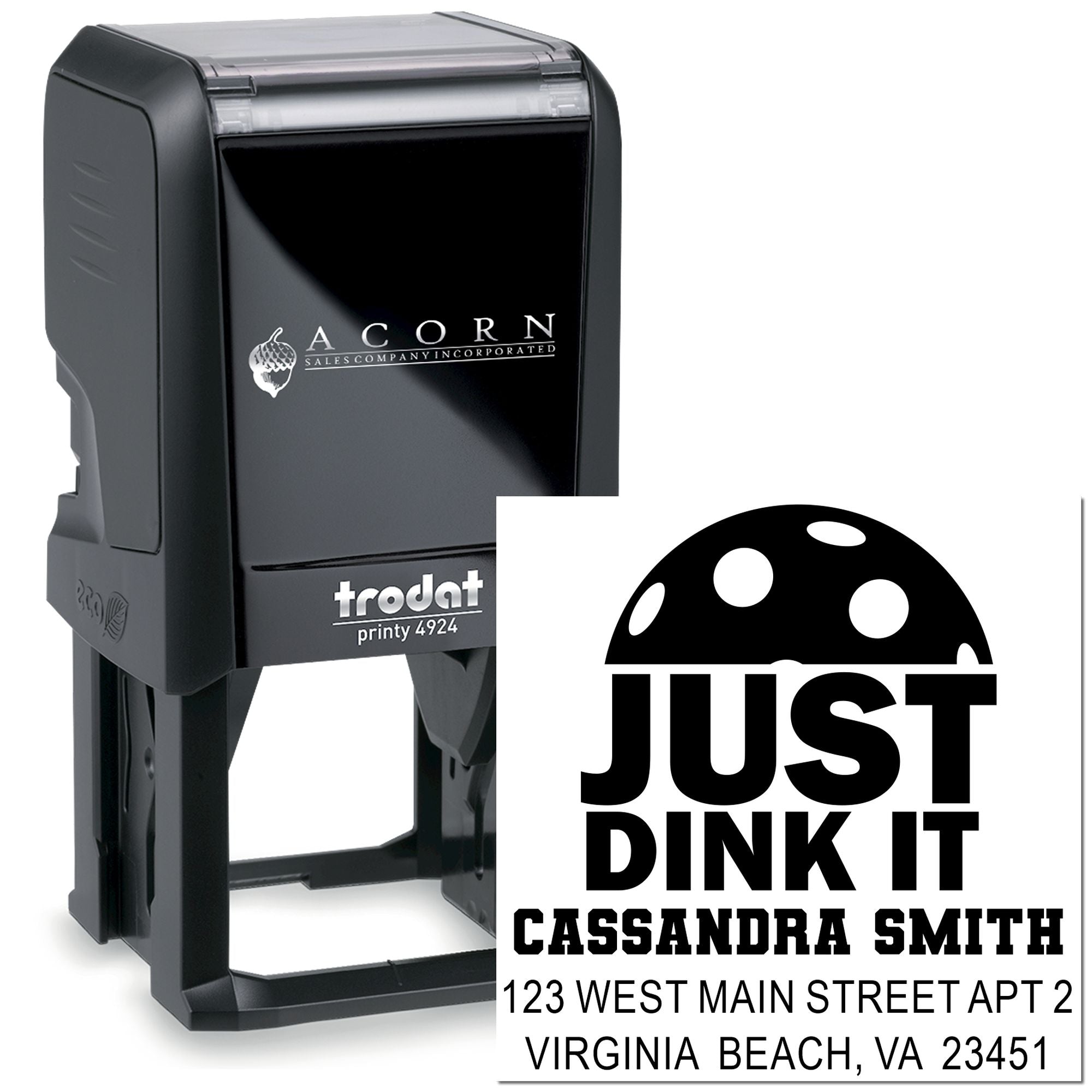 Custom self-inking rubber stamp, Trodat Printy 4924, with Just Dink It address design for mail and packaging.