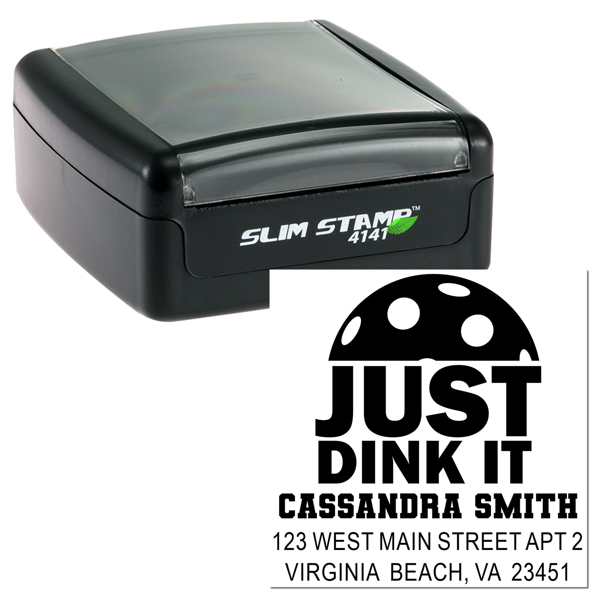 Self-inking slim rubber stamp with custom Just Dink It return address design for mailing and personalized crafts.