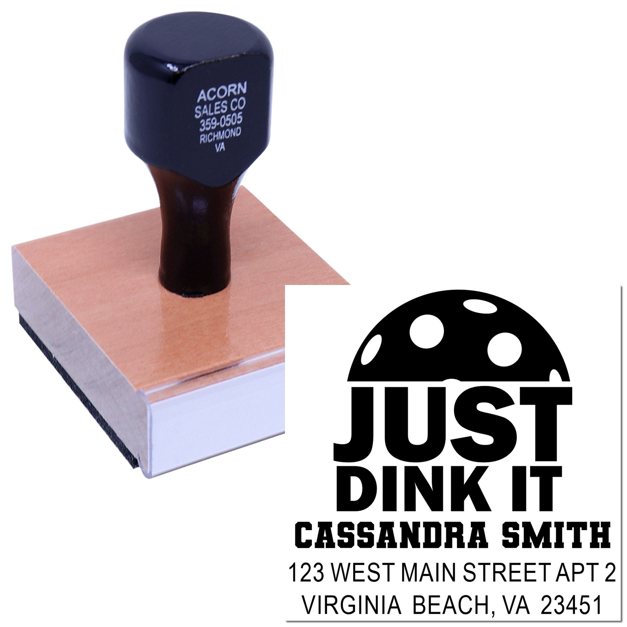 Custom rubber stamp return address design for Just Dink It with logo, name, and Virginia Beach, VA address