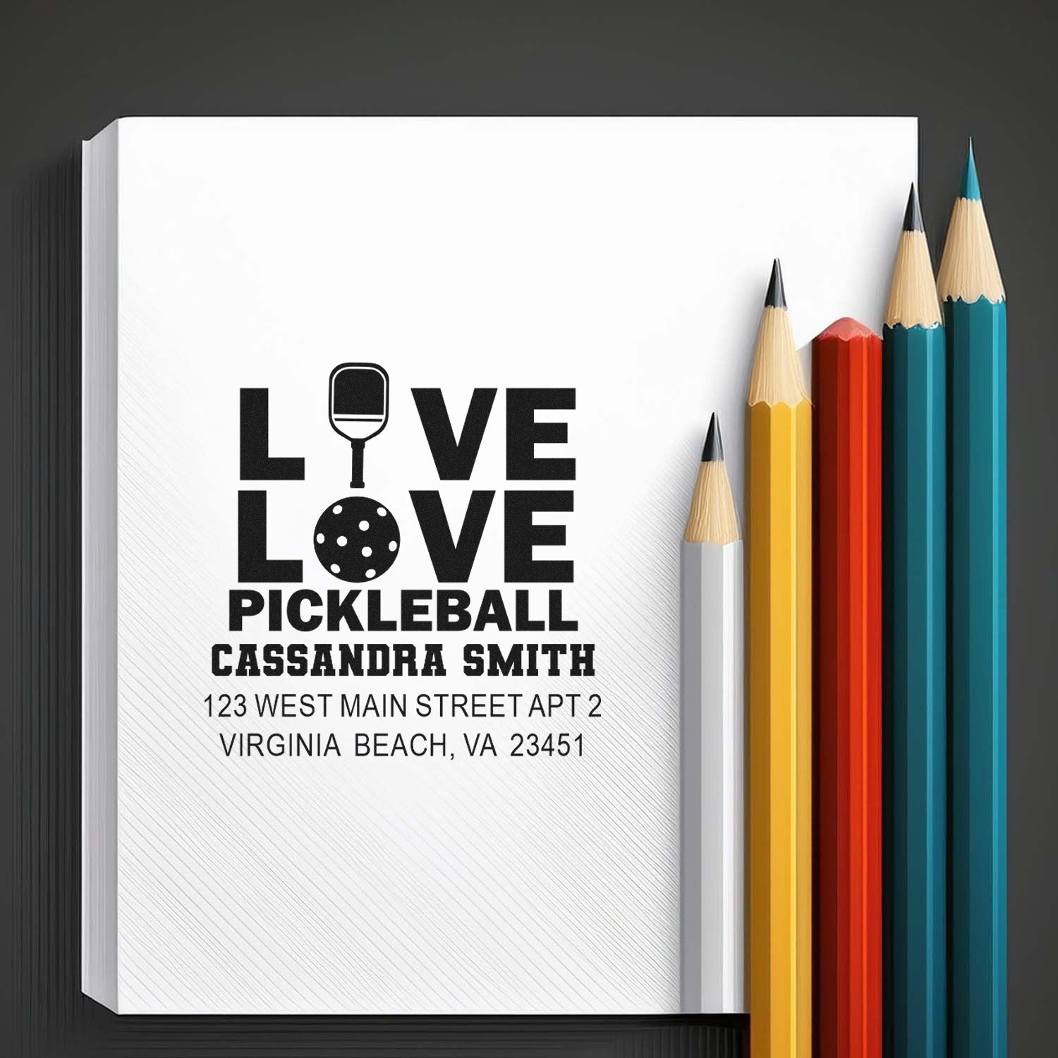 Personalized pickleball rubber stamp with LOVE LOVE PICKLEBALL, custom name, and return address for stationery.