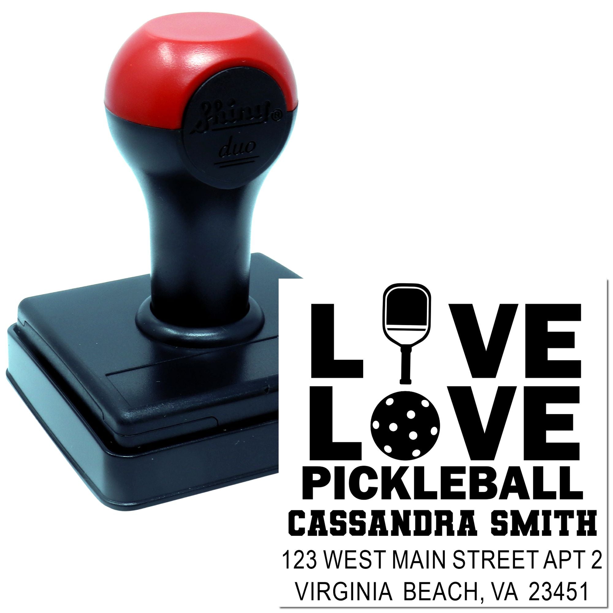 Custom self-inking rubber stamp with Love Pickleball design and return address for Cassandra Smith, Virginia Beach.
