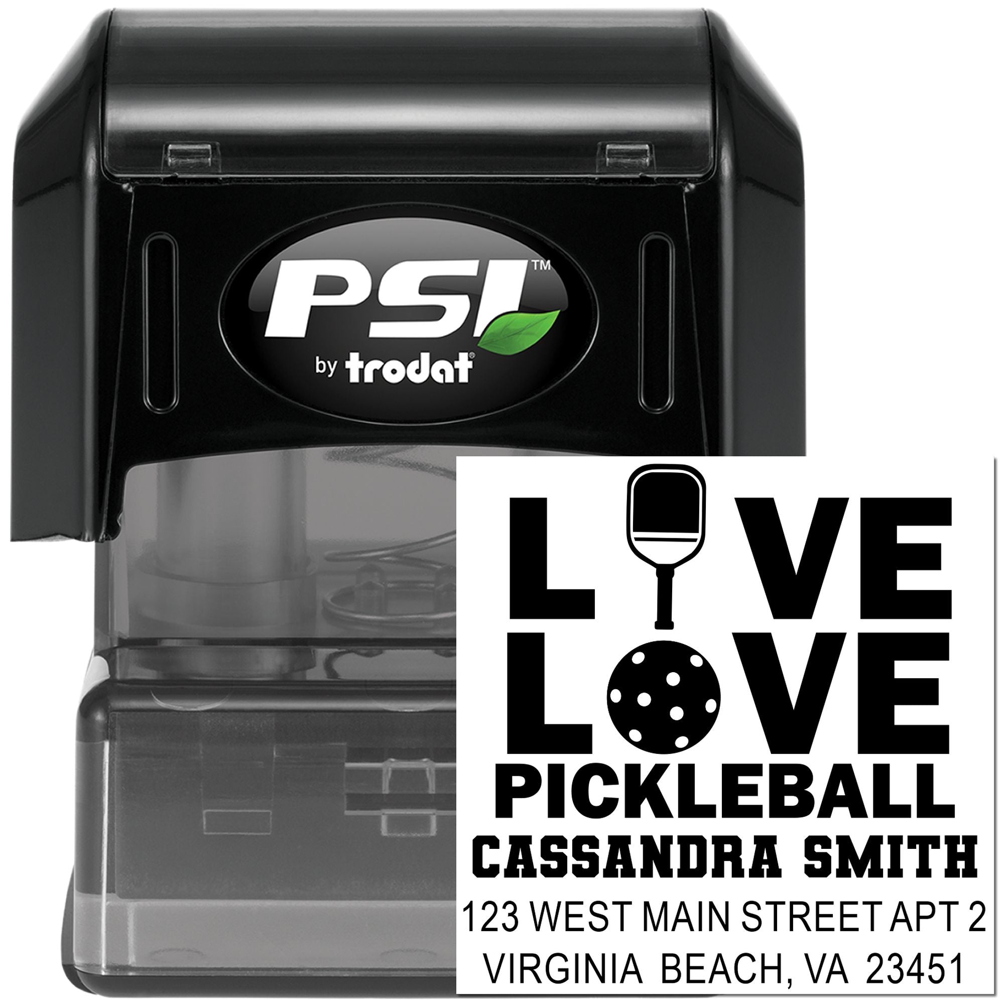 Custom self-inking rubber address stamp with Love Pickleball design for Virginia Beach, VA return labels