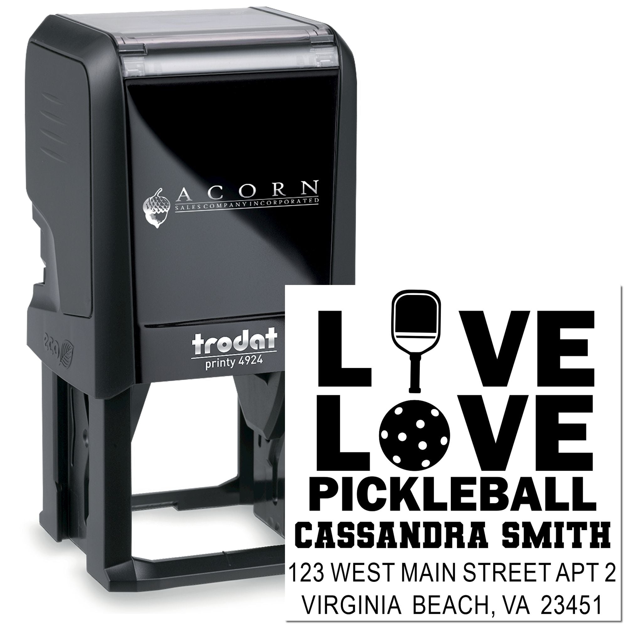 Custom self-inking rubber stamp for pickleball fans, showing LOVE pickleball design with name and address on Trodat Printy 4924.