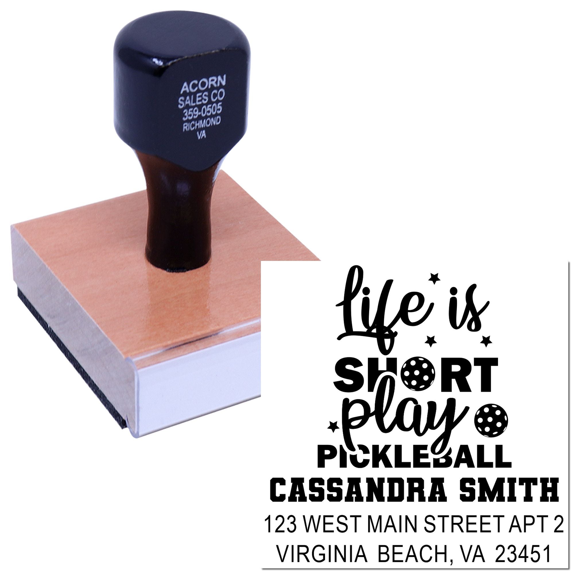 Custom pickleball address rubber stamp with Life is Short Play Pickleball design and personalized return address.